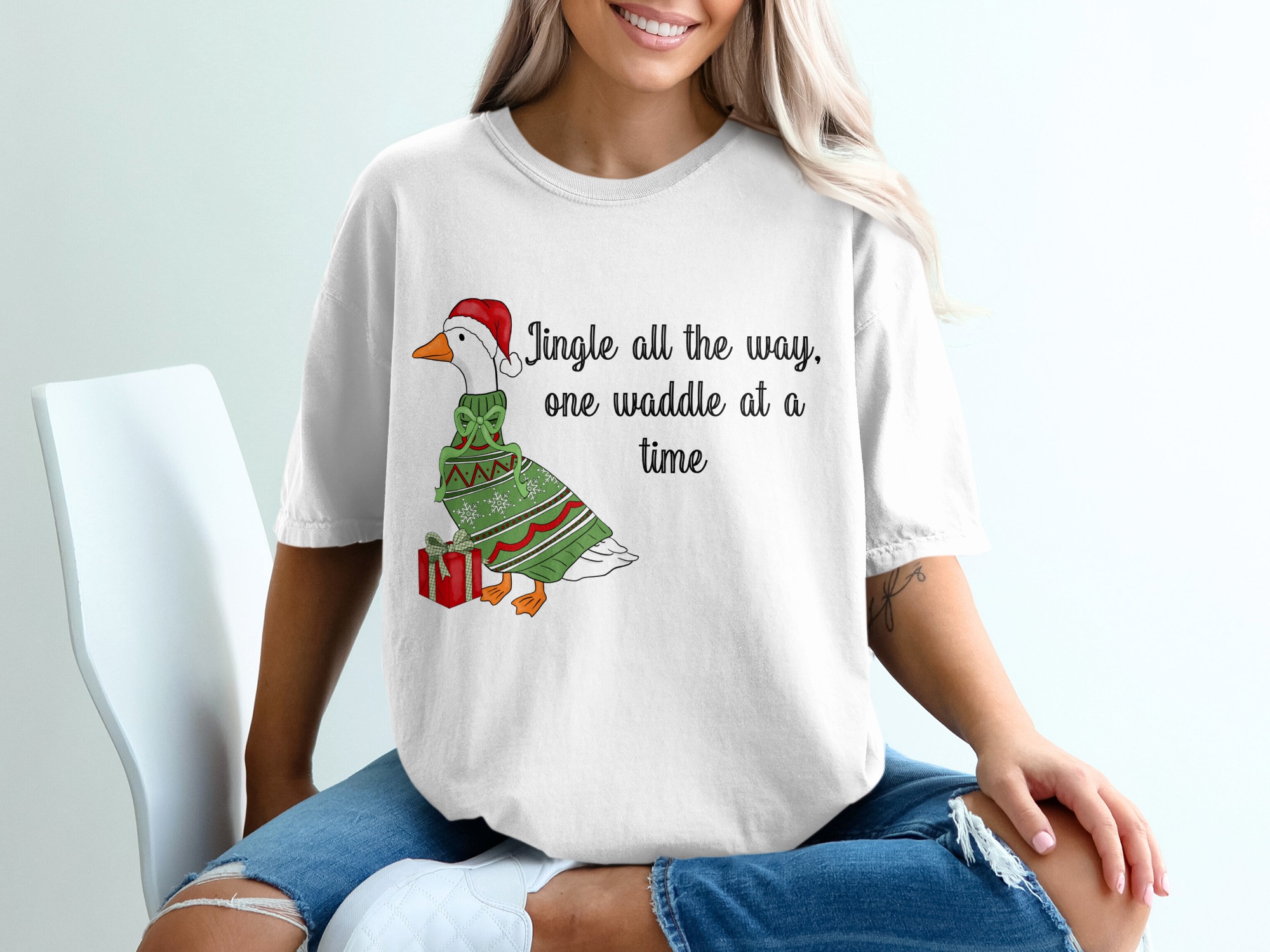 Funny Christmas Goose T-Shirt | Ugly Sweater Holiday Animal Tee | Jingle All The Way One Waddle At A Time Festive Top | Cute Winter Gift - Image 5