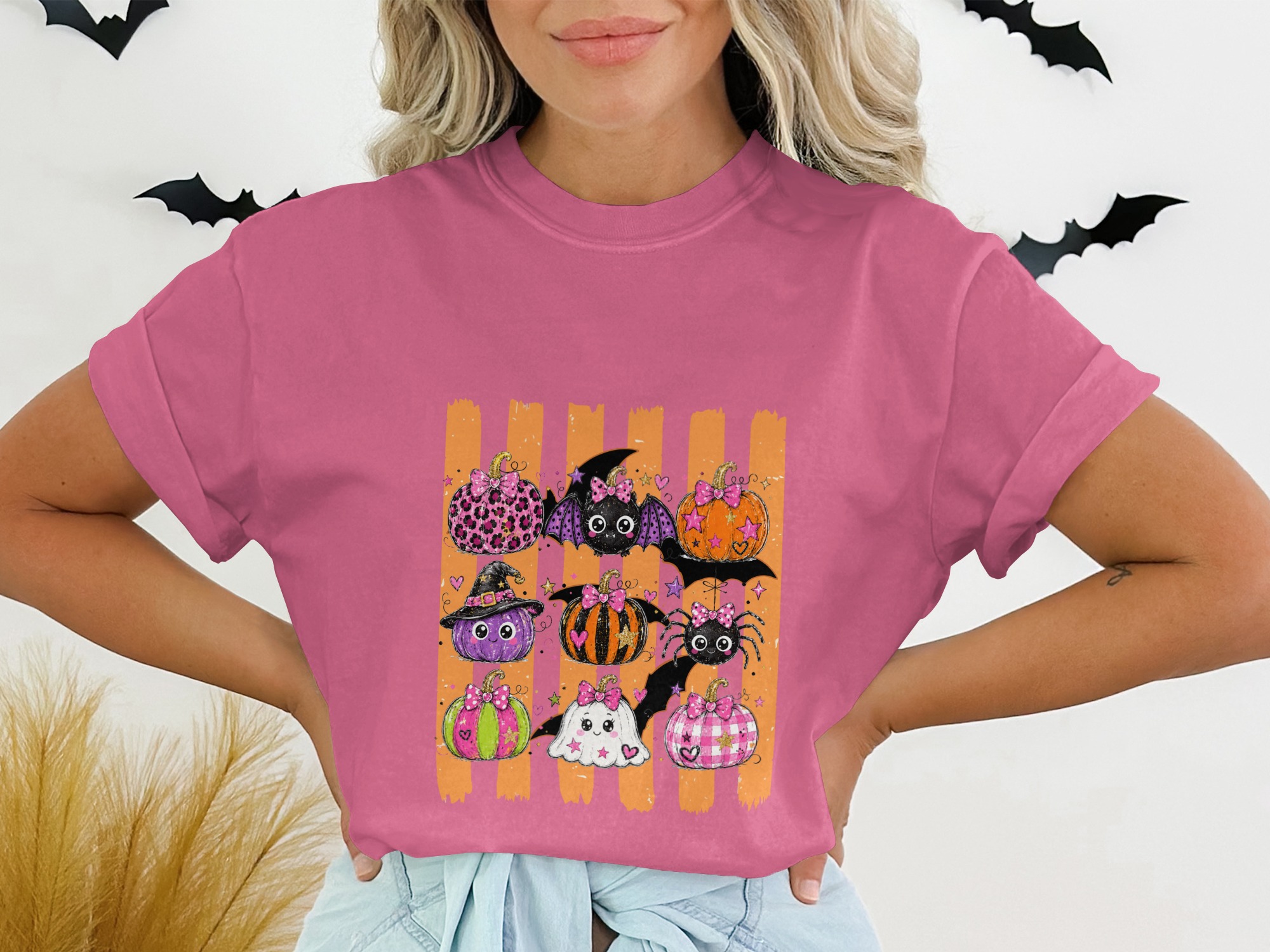 Cute Spooky Pumpkins Halloween T-Shirt for Women, Adorable Pastel Goth Trick or Treat Shirt for Fall Season - Image 13