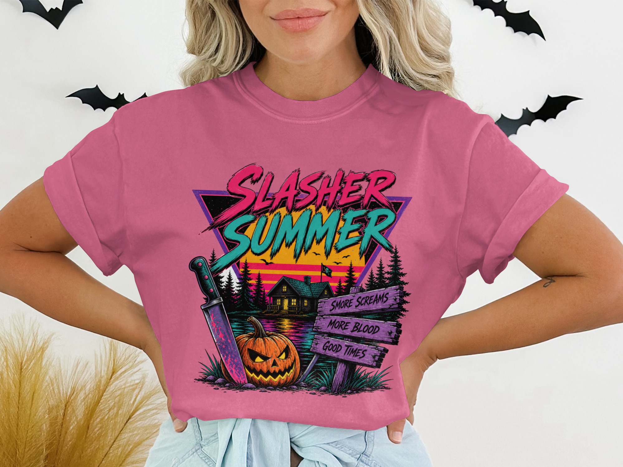 Slasher Summer Retro Horror T-Shirt, Neon Goth 80s 90s Aesthetic Halloween Graphic Tee, Spooky Season Synthwave Camp Slasher Shirt Gift - Image 6