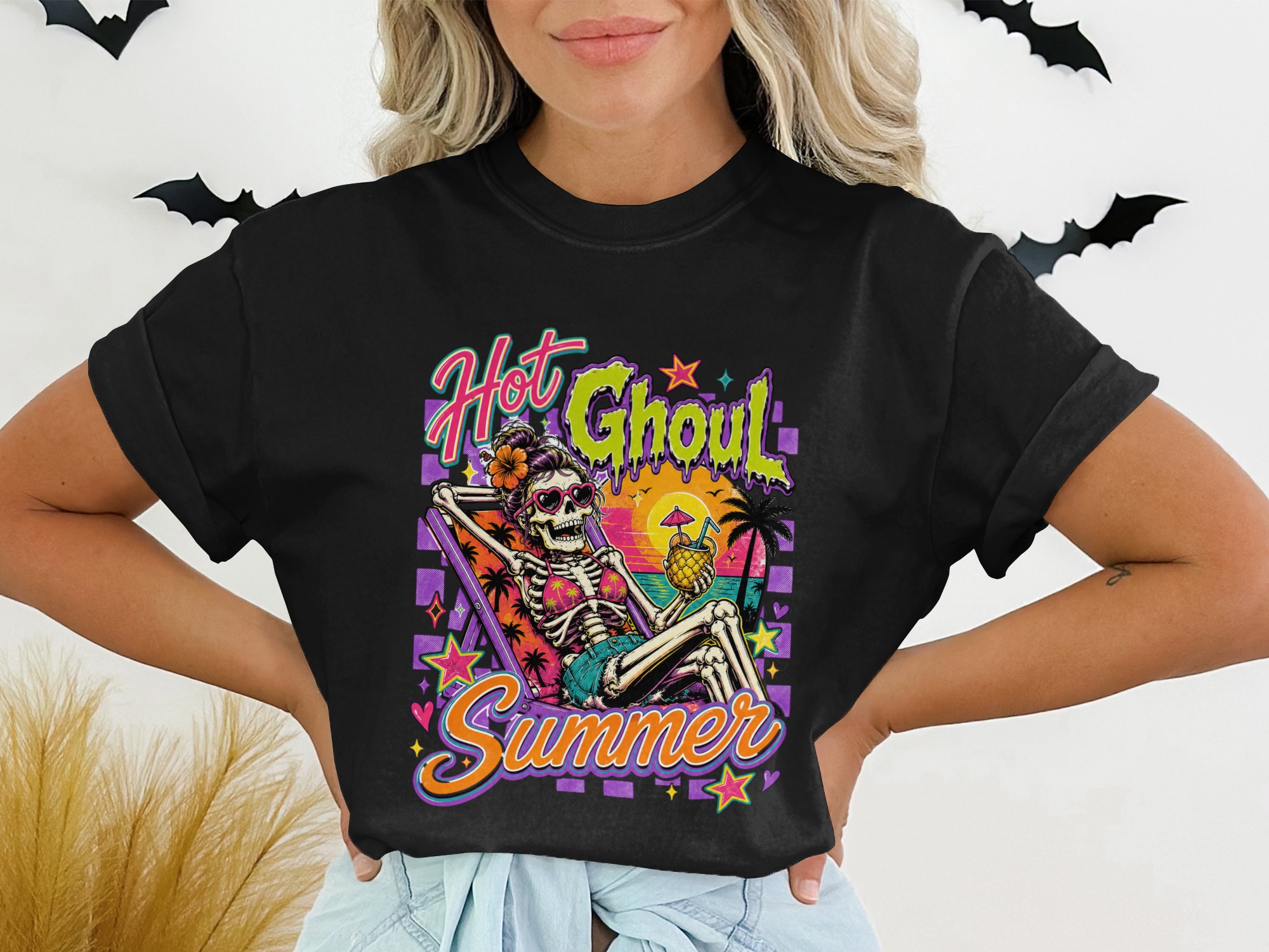 Hot Ghoul Summer Shirt, Skeleton Summer Retro Spooky Graphic Tee, Tropical Goth Funny Skull Vacation T-Shirt