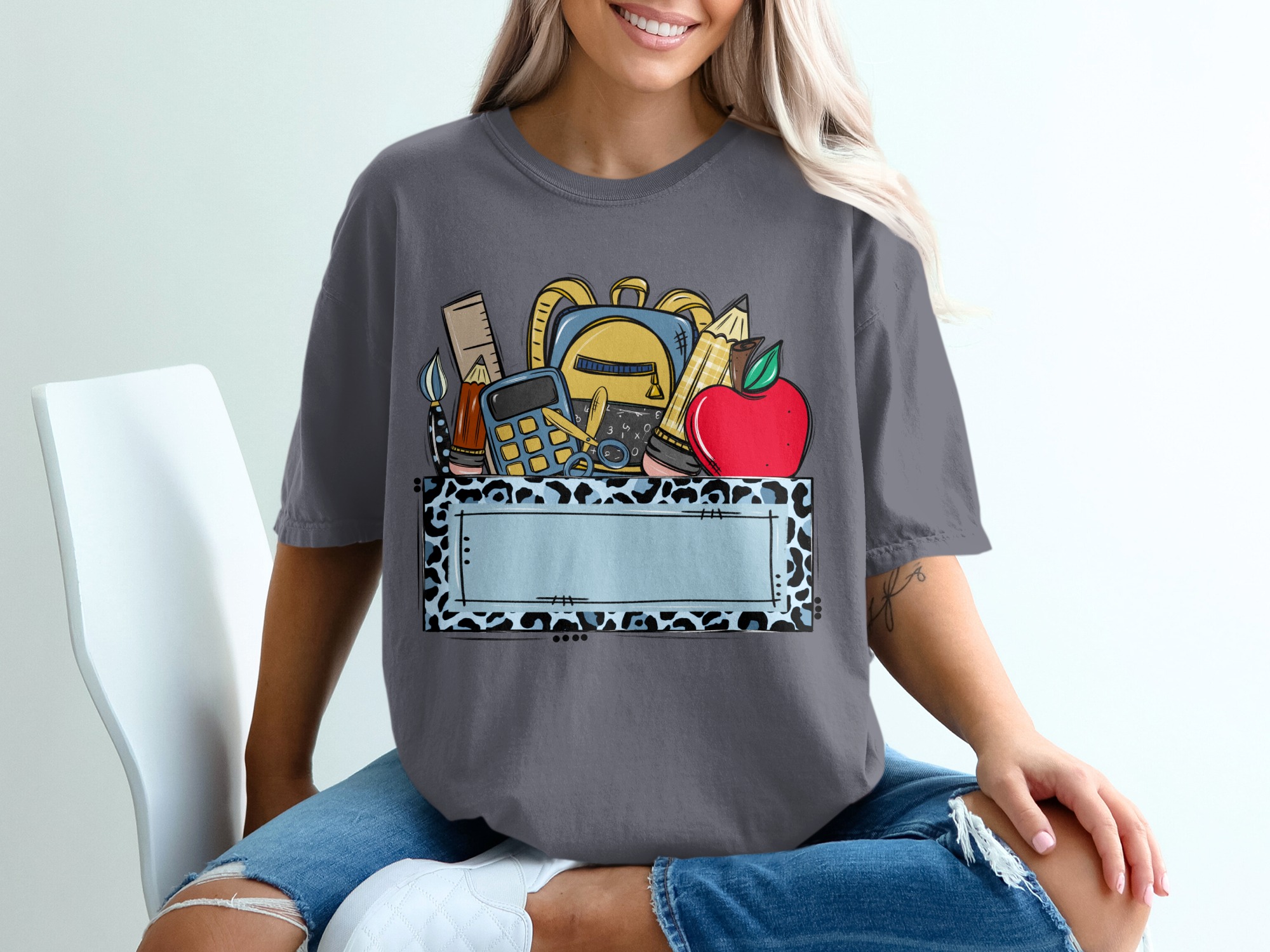 Custom Teacher T-Shirt, Personalized School Supplies Tee with Blue Leopard Print, Back to School Educator Gift, Made to Order Mascot Name - Image 12
