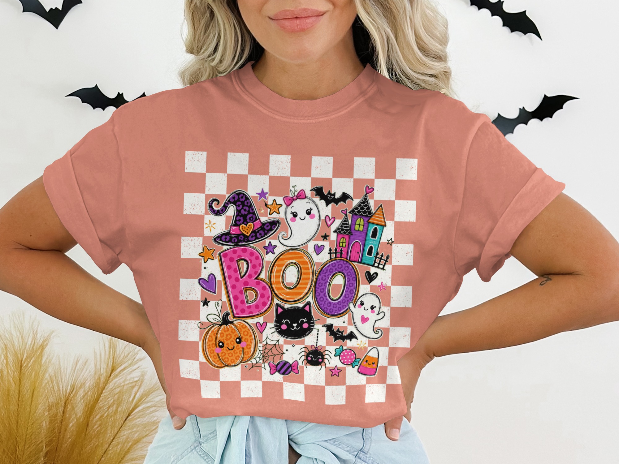 Cute Spooky Boo Halloween T-Shirt for Women, Aesthetic Boho Ghost Witch Hat Funny Pumpkin Trick or Treat Tee - Image 2