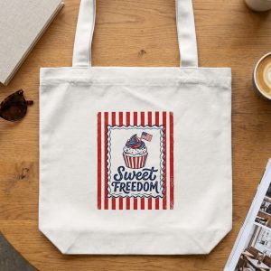 Patriotic Sweet Freedom Tote Bag, Fourth of July Cupcake Americana Vintage Style Canvas Shopper, USA Holiday Gift for Her
