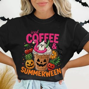 Iced Coffee & Summerween T-Shirt, Spooky Season Beach Lover Tee, Halloween in July Graphic Top, Funny Autumn Fall Shirt