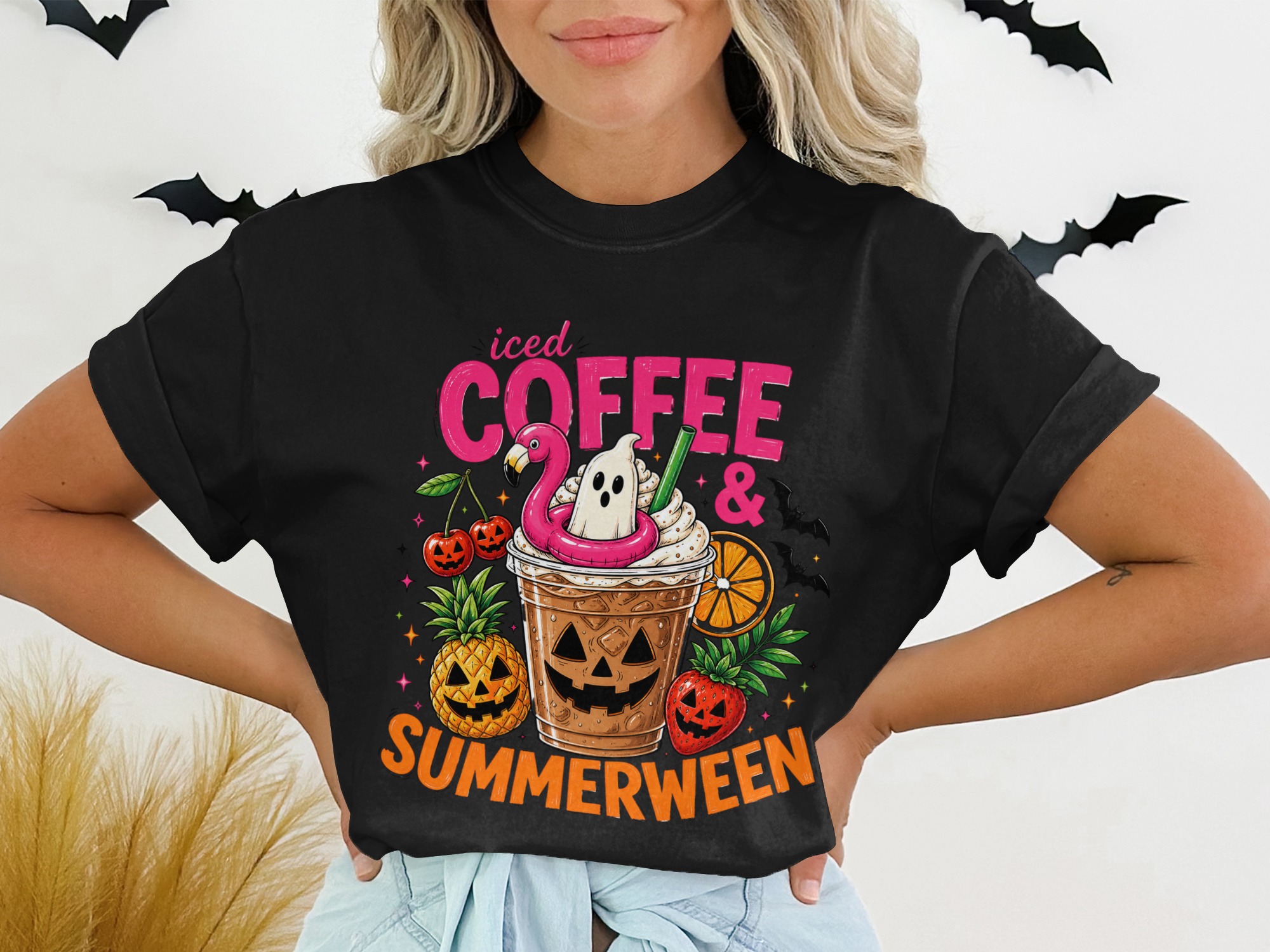 Iced Coffee & Summerween T-Shirt, Spooky Season Beach Lover Tee, Halloween in July Graphic Top, Funny Autumn Fall Shirt