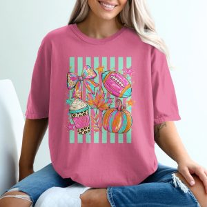 Colorful Preppy Fall Football T-Shirt, Trendy Pumpkin Spice Latte Tee, Bright Autumn Bow Shirt, Game Day Glam Gift