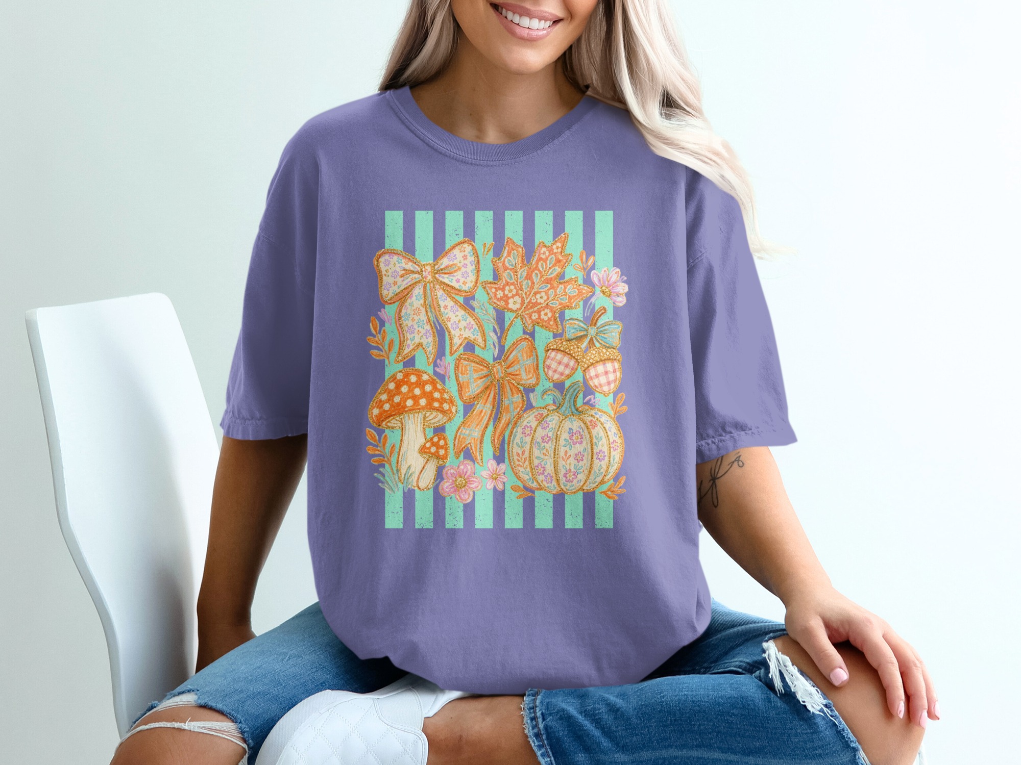 Cottagecore Mushroom Bows & Pumpkin Fall T-Shirt | Whimsical Autumn Leaves Acorns Graphic Cozy Nature Tee Gift - Image 3