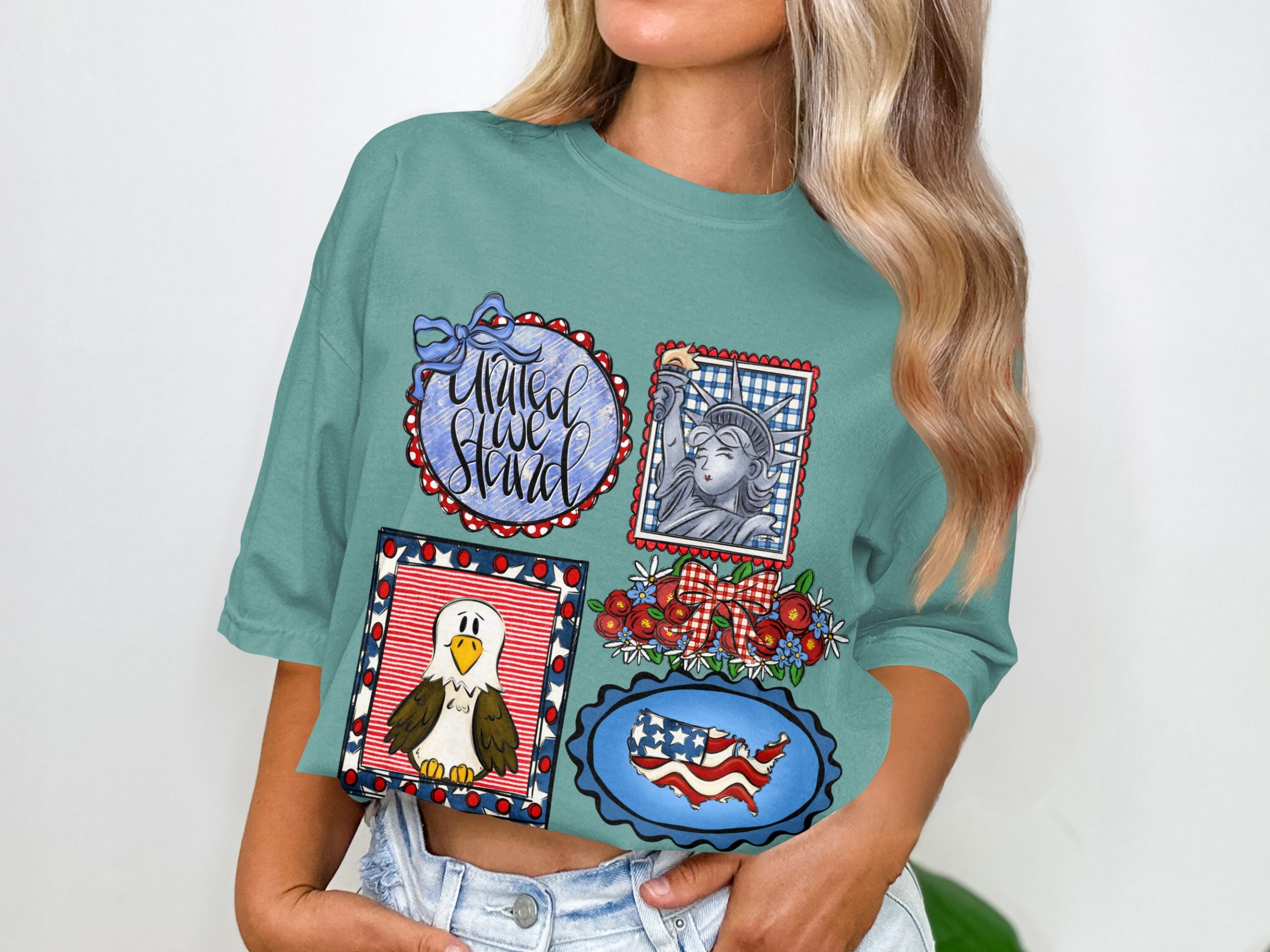 Patriotic United We Stand T-Shirt, 4th of July American Flag Lady Liberty Bald Eagle Graphic Top, Americana USA Pride Tee - Image 2