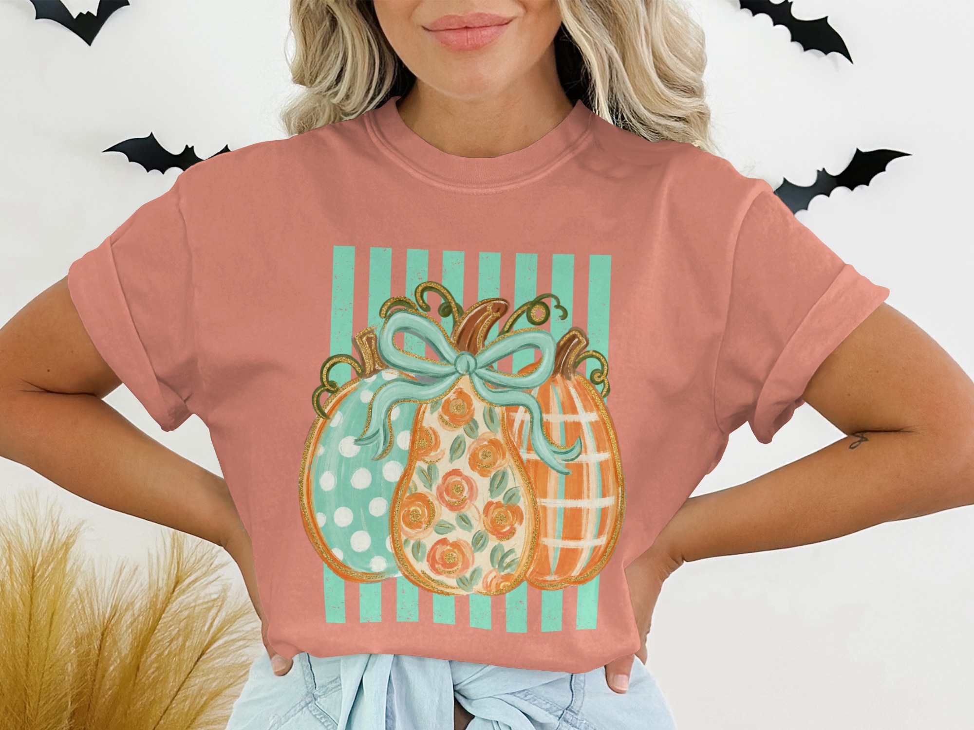 Cute Autumn Pumpkin T-Shirt | Fall Season Floral Polka Dot Plaid Pumpkins Tee | Trendy Harvest Festival Design Top - Image 2