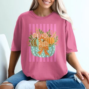 Whimsical Fall Pumpkins T-Shirt, Pink Striped Plaid Leopard Autumn Graphic Tee, Cute Colorful Harvest Vibes Farmhouse Shirt Gift