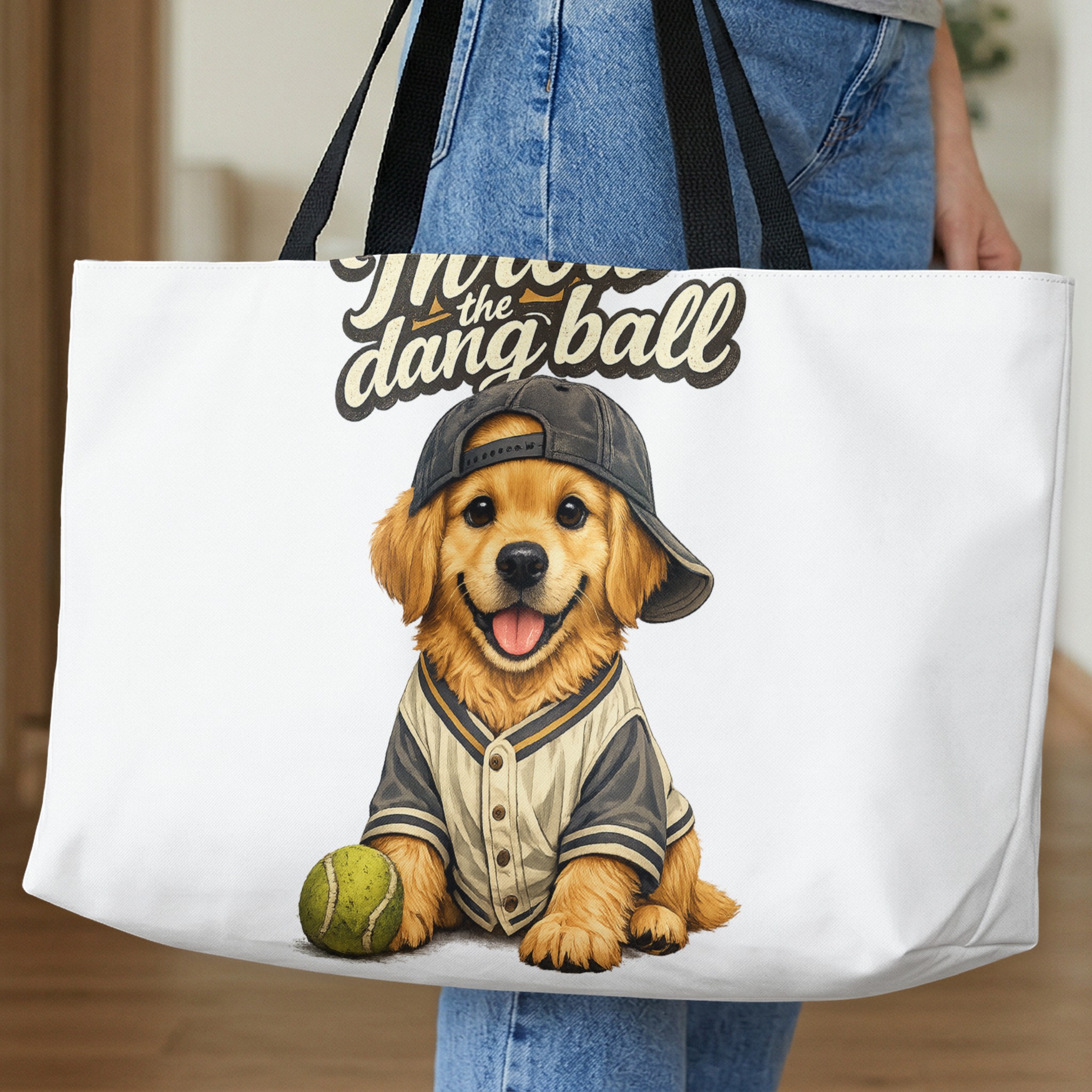 Golden Retriever Tote Bag, Funny Dog Baseball Cap Puppy Canvas Shopper Bag, 'Throw the Dang Ball' Pet Lover Gift - Image 10
