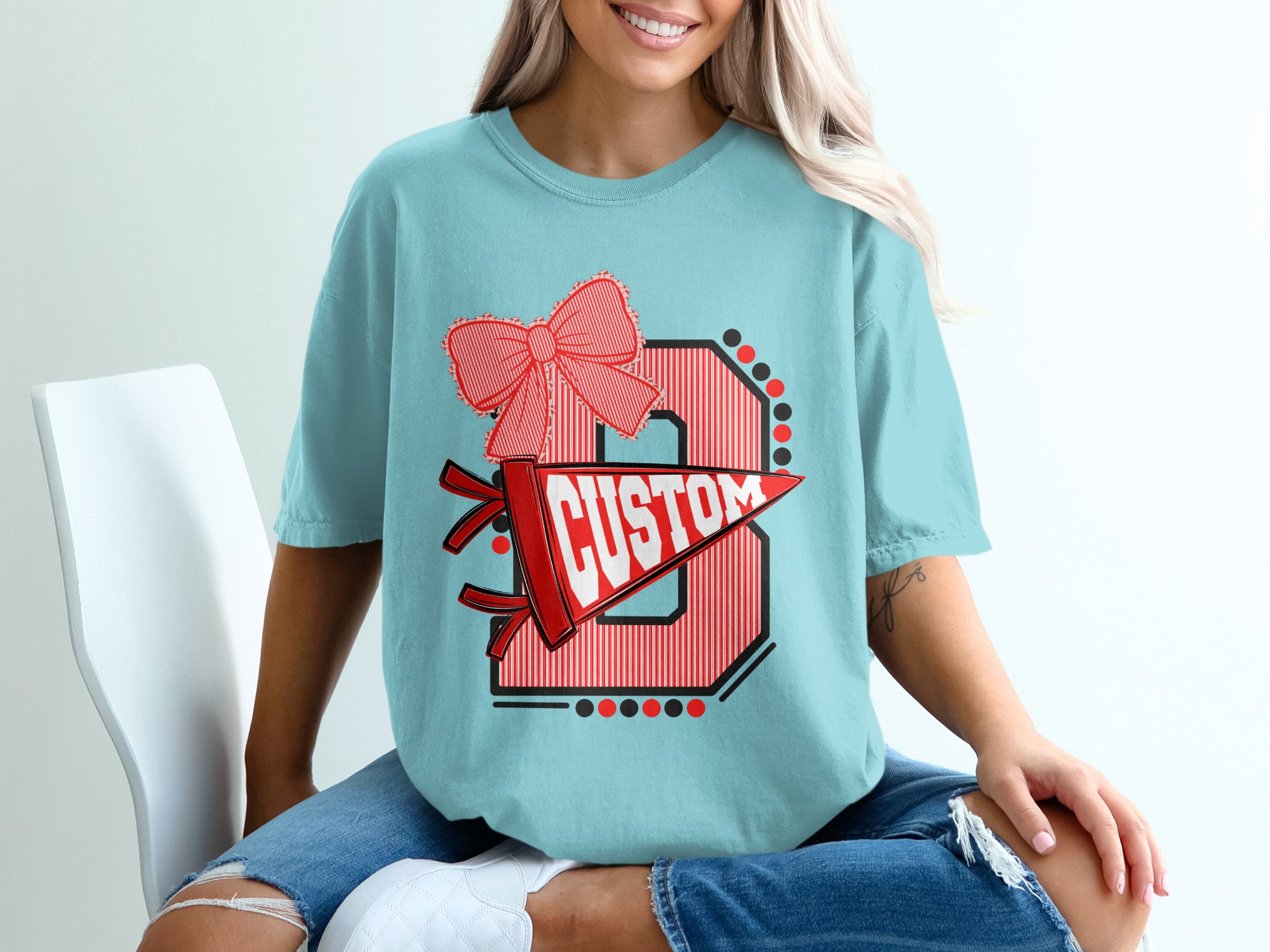 Custom Initial T-Shirt with Bow, Personalized Varsity Style Pennant Design, School Spirit College Team Mascot Letter Tee - Image 19