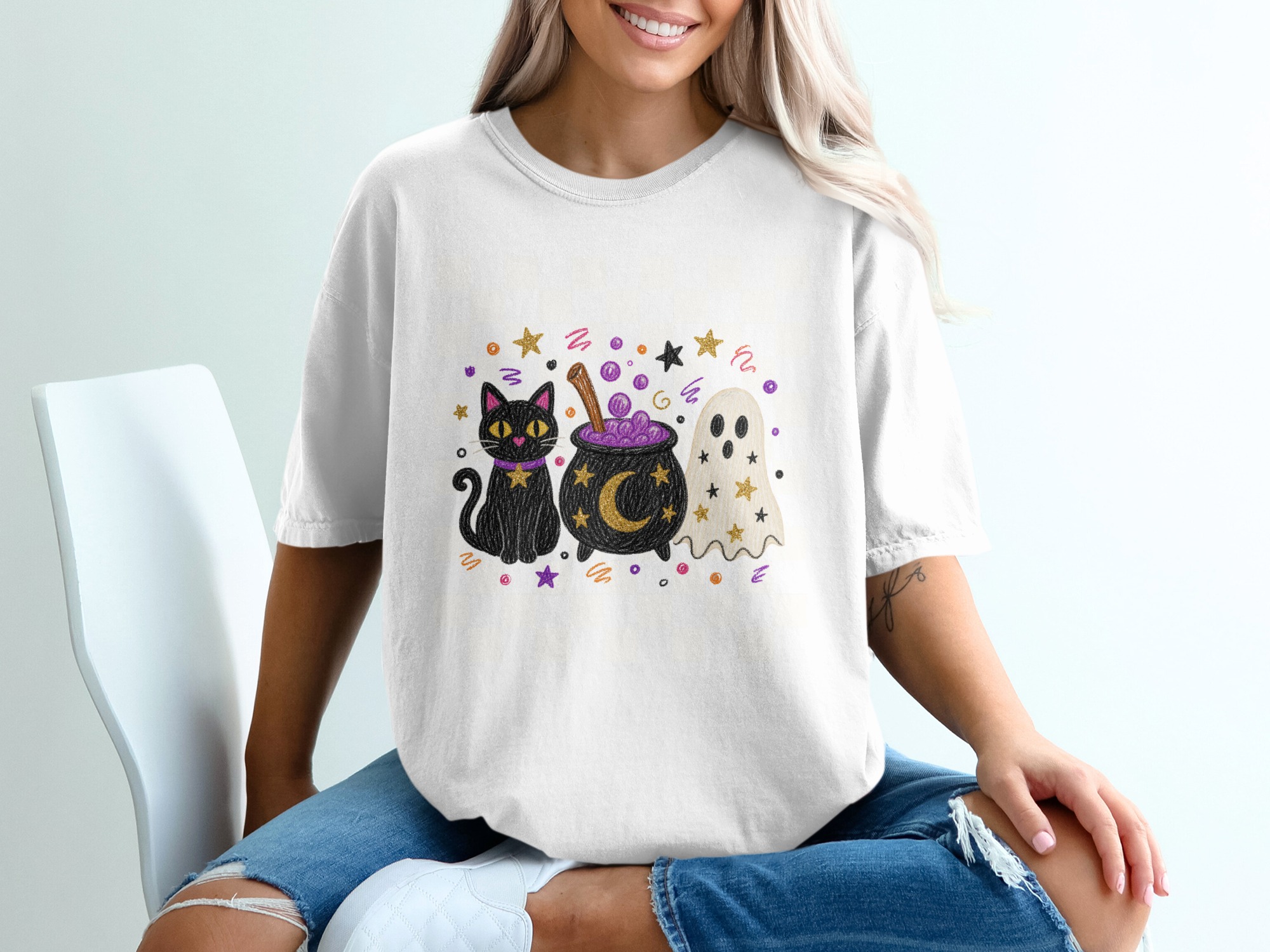 Spooky Cute Halloween T-Shirt | Whimsical Black Cat Cauldron Ghost Tee | Celestial Autumn Graphic Shirt | Fun Fall Season Gift for Her - Image 5