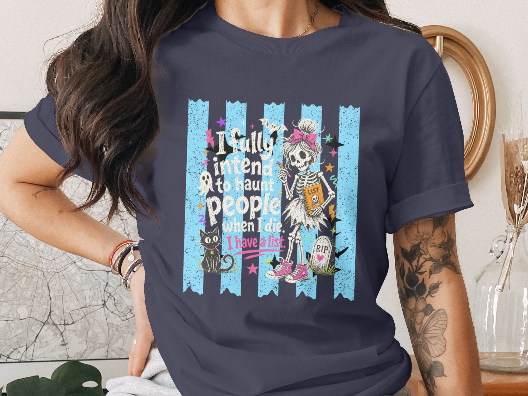 I Have A List Skeleton T-Shirt, Funny Halloween Tee, Sassy Spooky Cute Pastel Goth Shirt, Black Cat Ghost List Graphic Tee Gift - Image 12