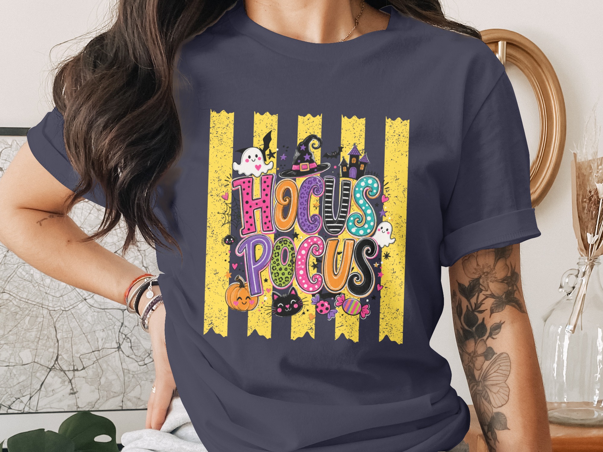 Hocus Pocus Halloween T-Shirt | Cute Spooky Season Witch Tee with Ghosts, Pumpkin, Black Cat & Bats | Fall Party Top for Women - Image 12