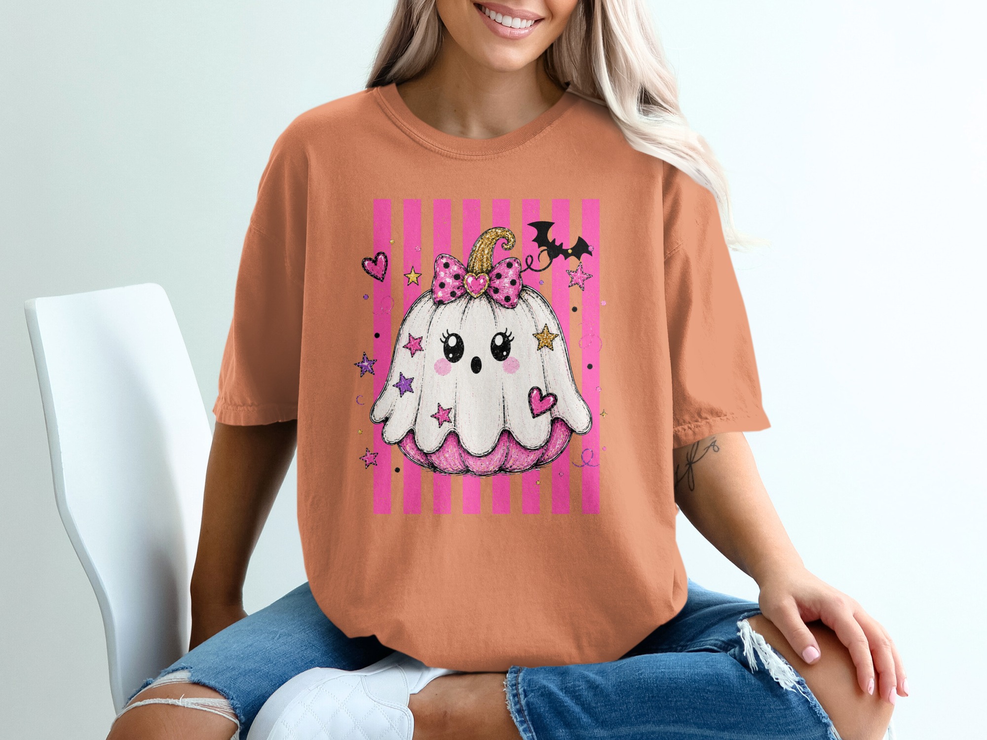 Cute Ghost Pumpkin Halloween Shirt, Spooky Kawaii Pumpkin T-Shirt, Pink Goth Halloween Tee, Trick or Treat Top - Image 4