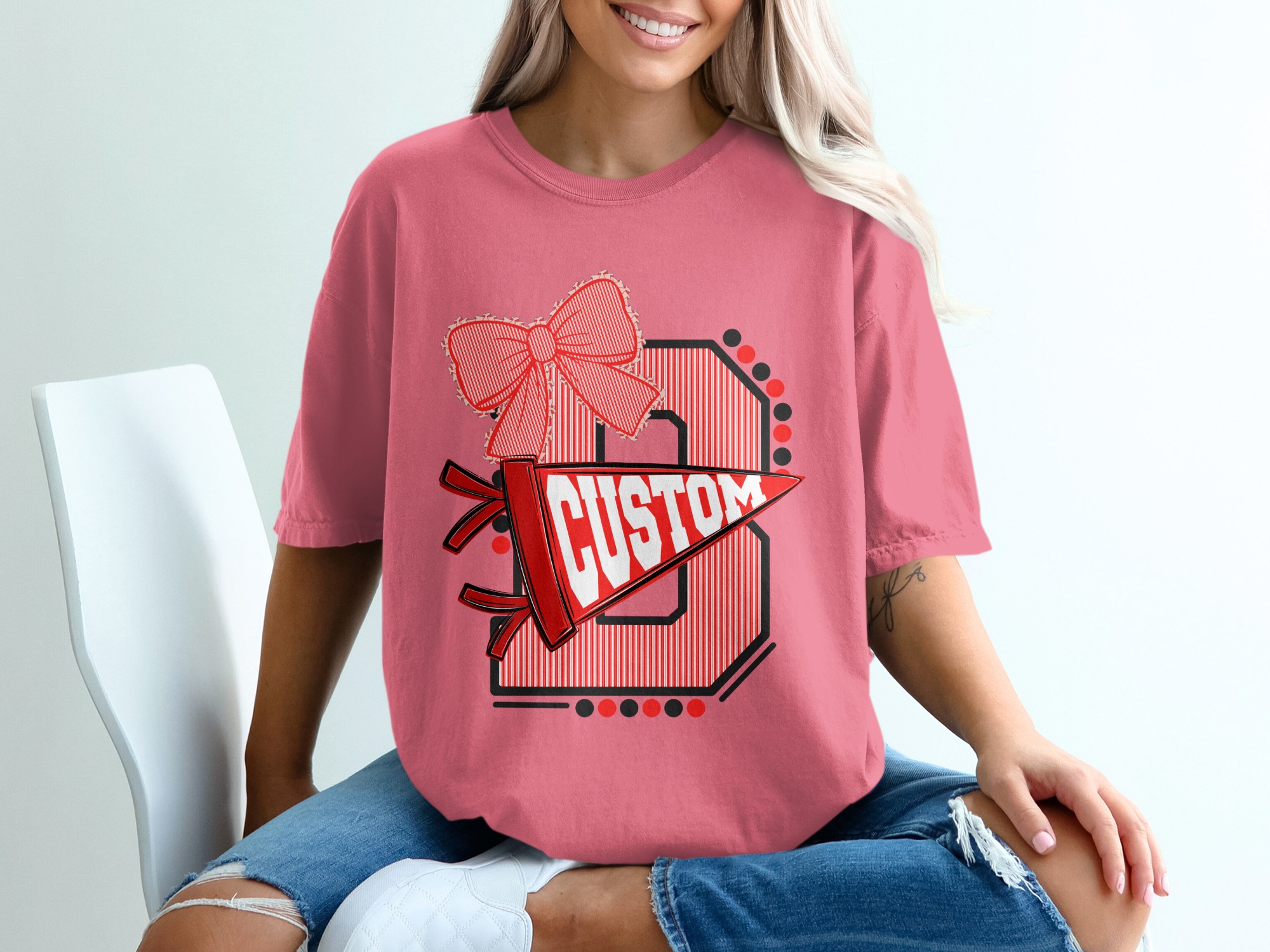 Custom Initial T-Shirt with Bow, Personalized Varsity Style Pennant Design, School Spirit College Team Mascot Letter Tee - Image 16