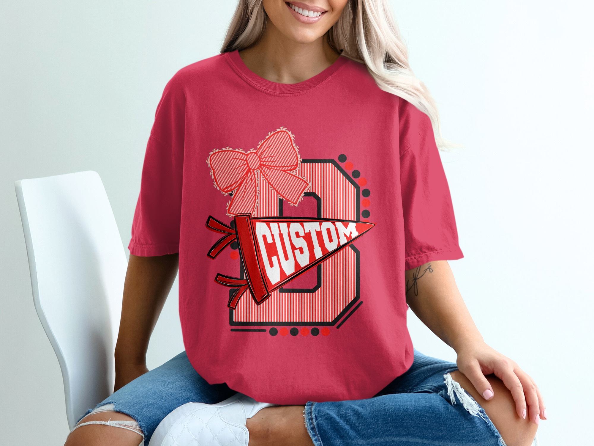 Custom Initial T-Shirt with Bow, Personalized Varsity Style Pennant Design, School Spirit College Team Mascot Letter Tee - Image 14