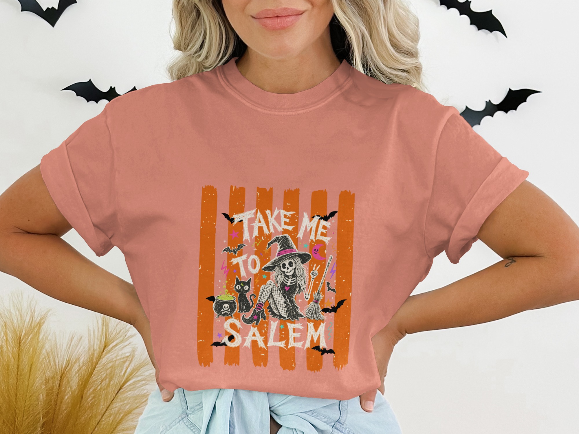 Take Me To Salem Skeleton Witch T-Shirt, Spooky Halloween Cat Tee, Distressed Orange Striped Witchy Vibes Top, October Fall Gift for Her - Image 2