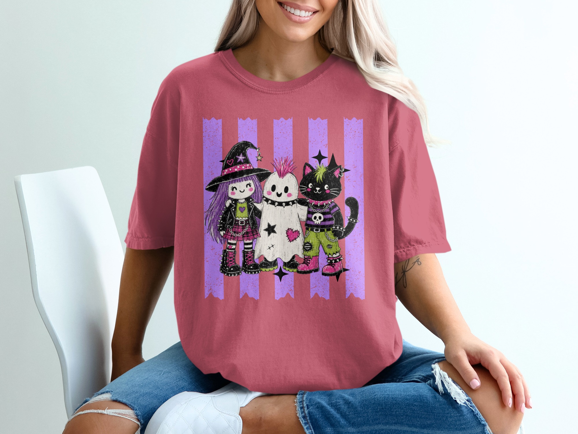 Spooky Cute Goth Friends T-Shirt, Pastel Punk Rock Witch Ghost Cat Halloween Shirt, Alternative Aesthetic Crewneck Tee - Image 7