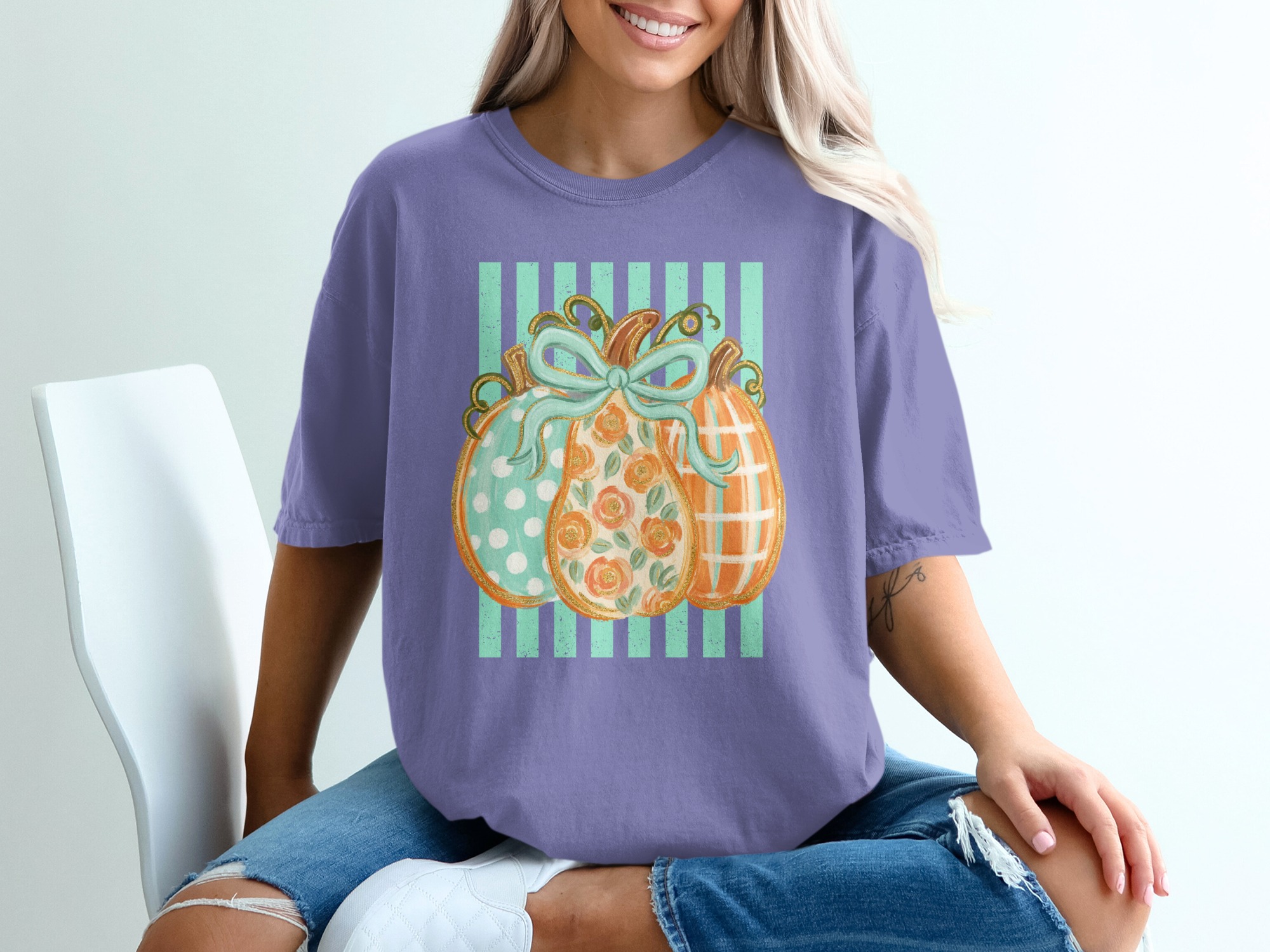 Cute Autumn Pumpkin T-Shirt | Fall Season Floral Polka Dot Plaid Pumpkins Tee | Trendy Harvest Festival Design Top - Image 5