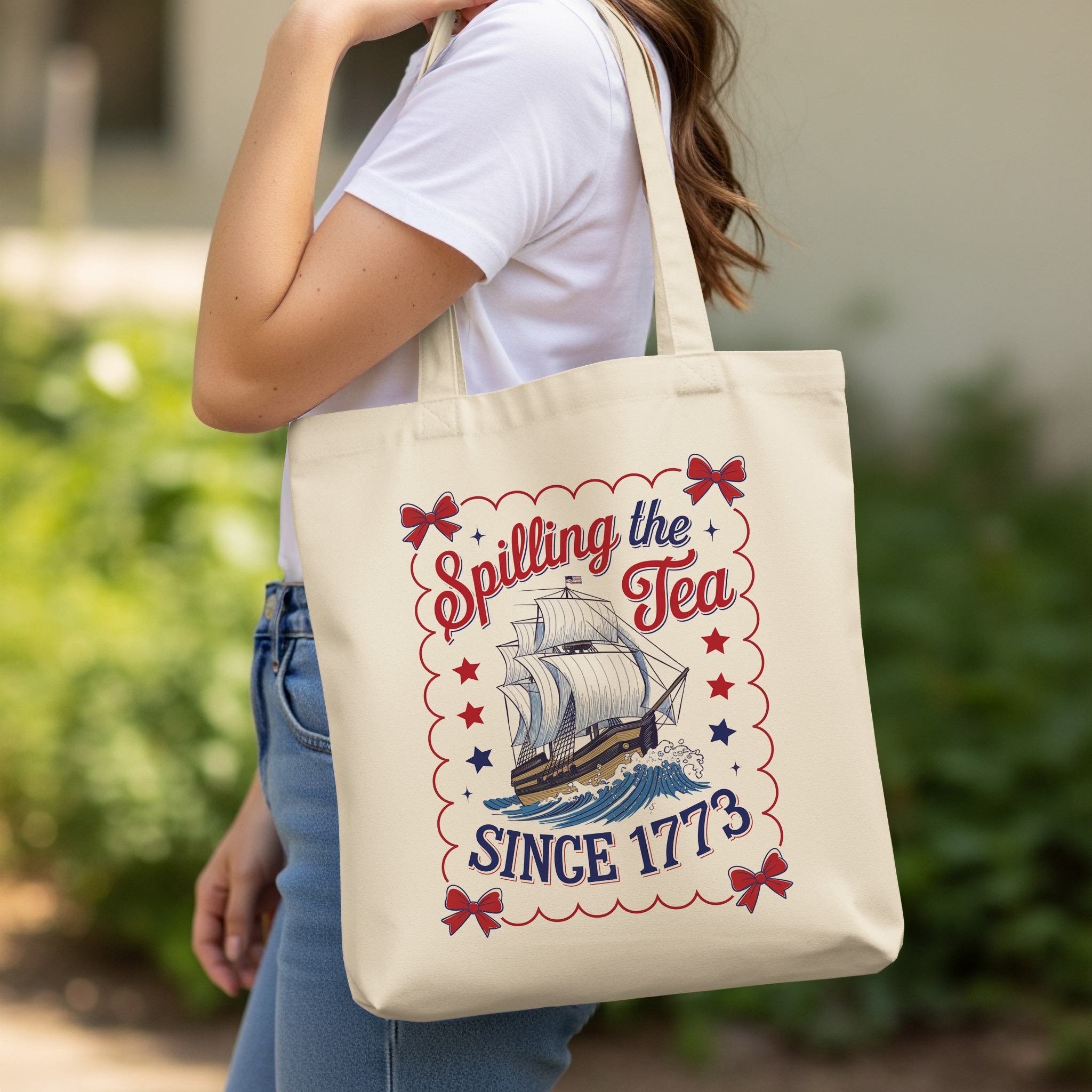 Boston Tea Party 'Spilling the Tea Since 1773' Tote Bag, Fourth of July History Gift, Patriotic American Canvas Bag - Image 11