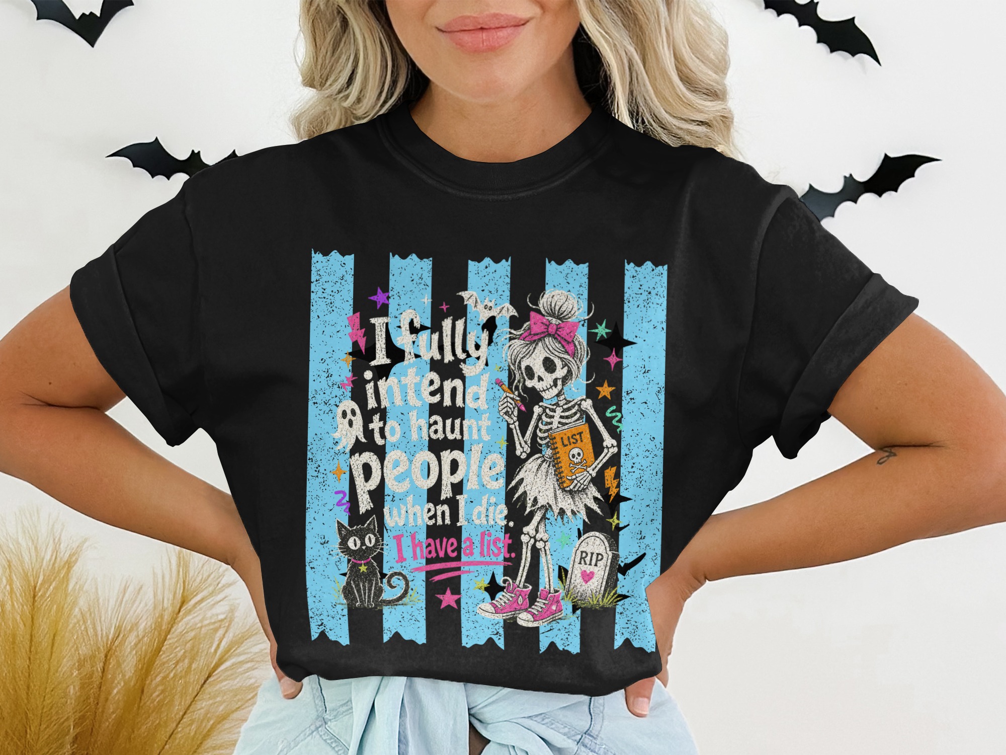 I Have A List Skeleton T-Shirt, Funny Halloween Tee, Sassy Spooky Cute Pastel Goth Shirt, Black Cat Ghost List Graphic Tee Gift - Image 2