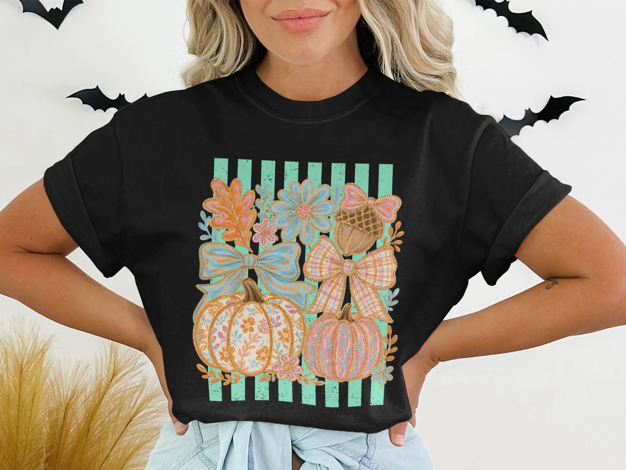 Fall Pumpkin T-Shirt Whimsical Pastel Cottagecore Autumn Vibes Tee Women's Cute Thanksgiving Harvest Shirt Gift