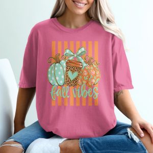 Fall Vibes Pumpkin Spice T-Shirt, Autumn Coffee Leopard Print Tee, Whimsical Floral Harvest Season Shirt, Cute Cozy Pumpkin Patch Graphic