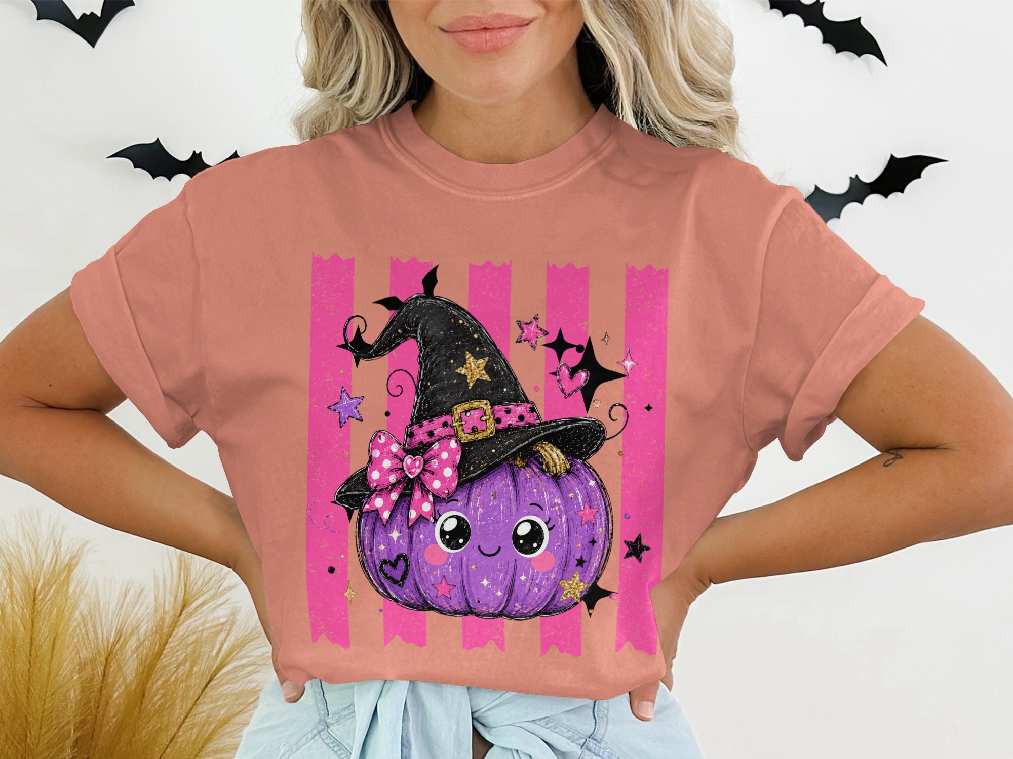 Cute Witch Pumpkin T-Shirt | Adorable Halloween Shirt for Women & Girls | Spooky Season Tee Gift Idea - Image 3