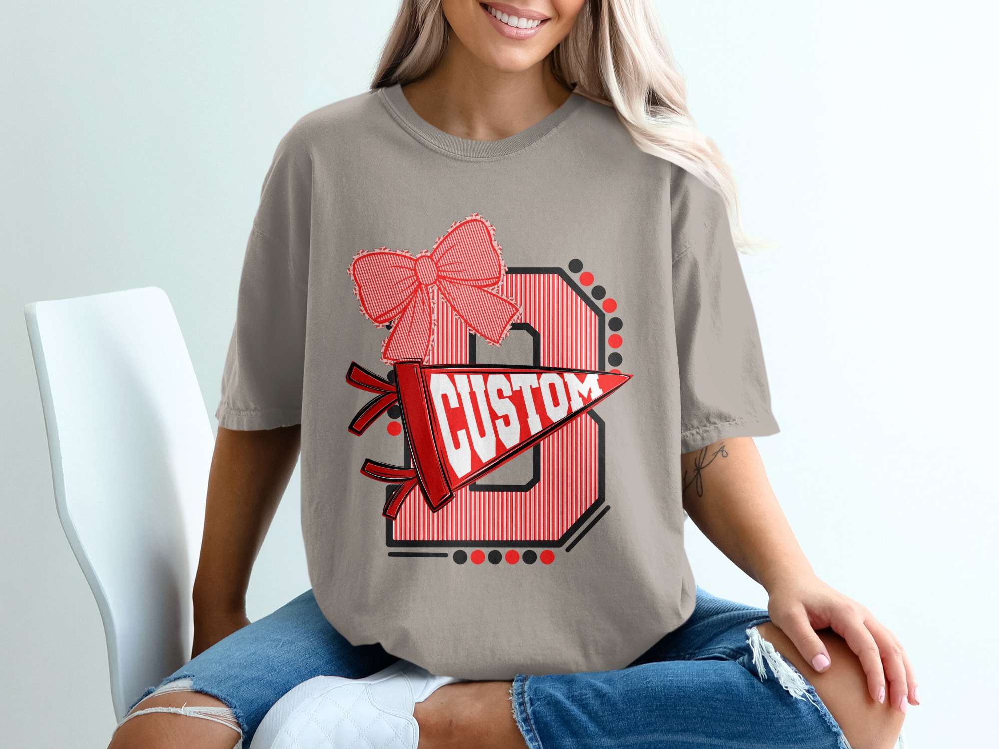 Custom Initial T-Shirt with Bow, Personalized Varsity Style Pennant Design, School Spirit College Team Mascot Letter Tee - Image 11