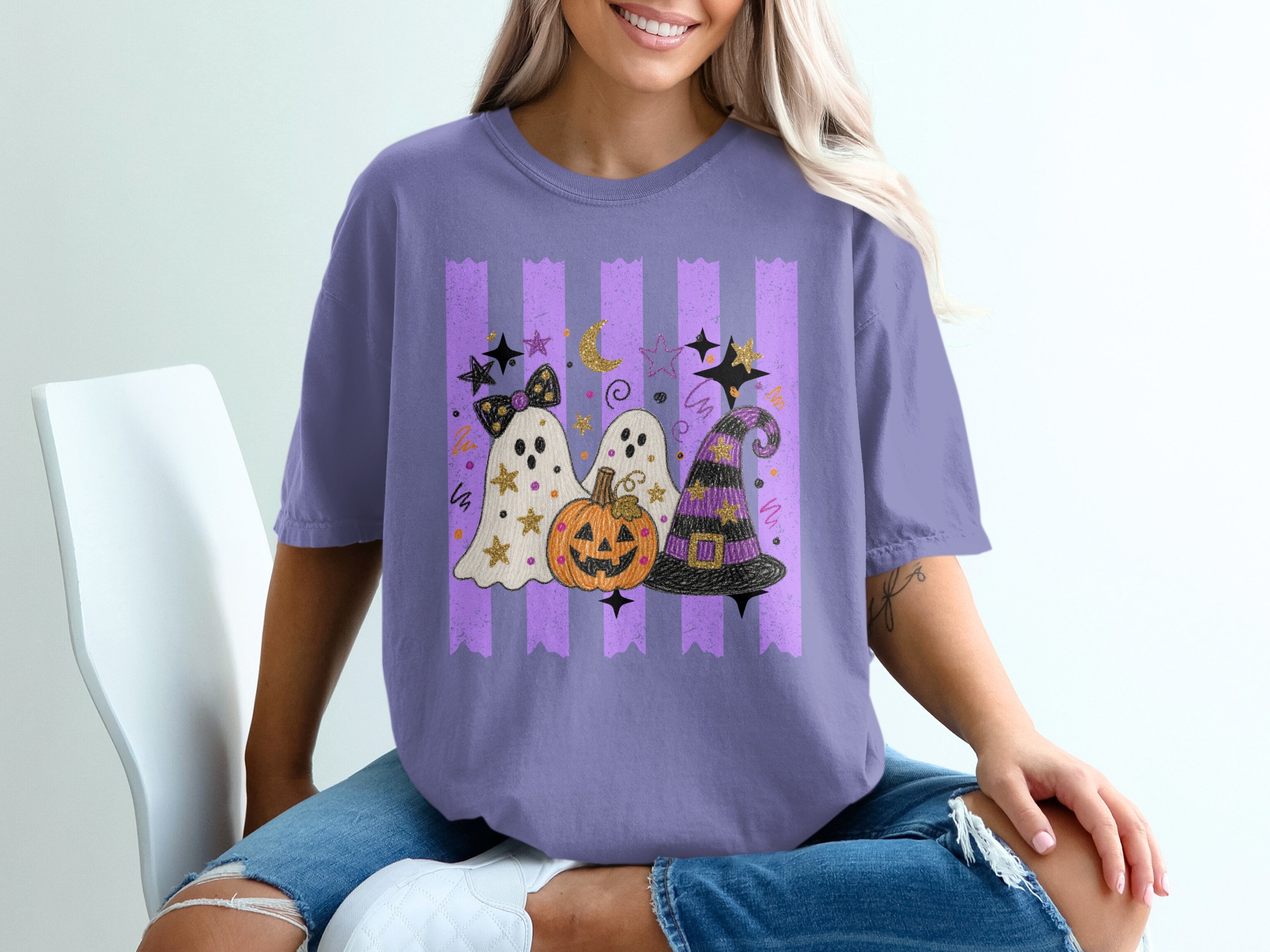 Cute Ghost Halloween T-Shirt, Spooky Pumpkin Witch Hat Graphic Tee, Faux Glitter Fall Festive Women's Purple Stripe Trick or Treat Apparel - Image 6