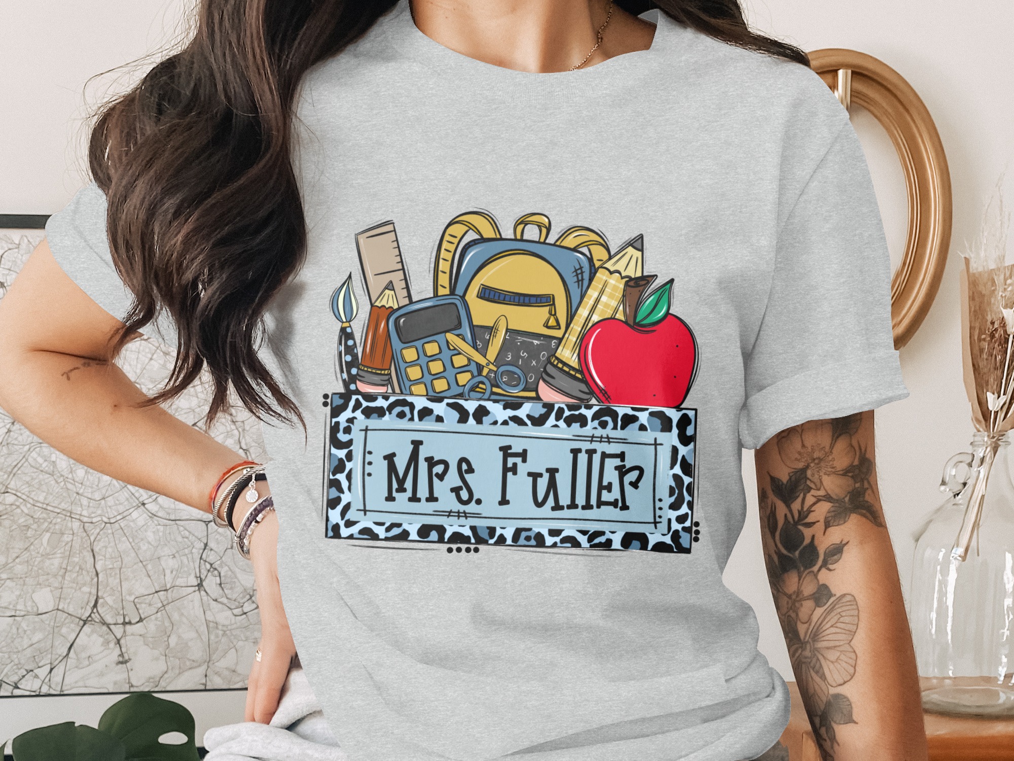 Custom Teacher T-Shirt, Personalized School Supplies Tee with Blue Leopard Print, Back to School Educator Gift, Made to Order Mascot Name - Image 2