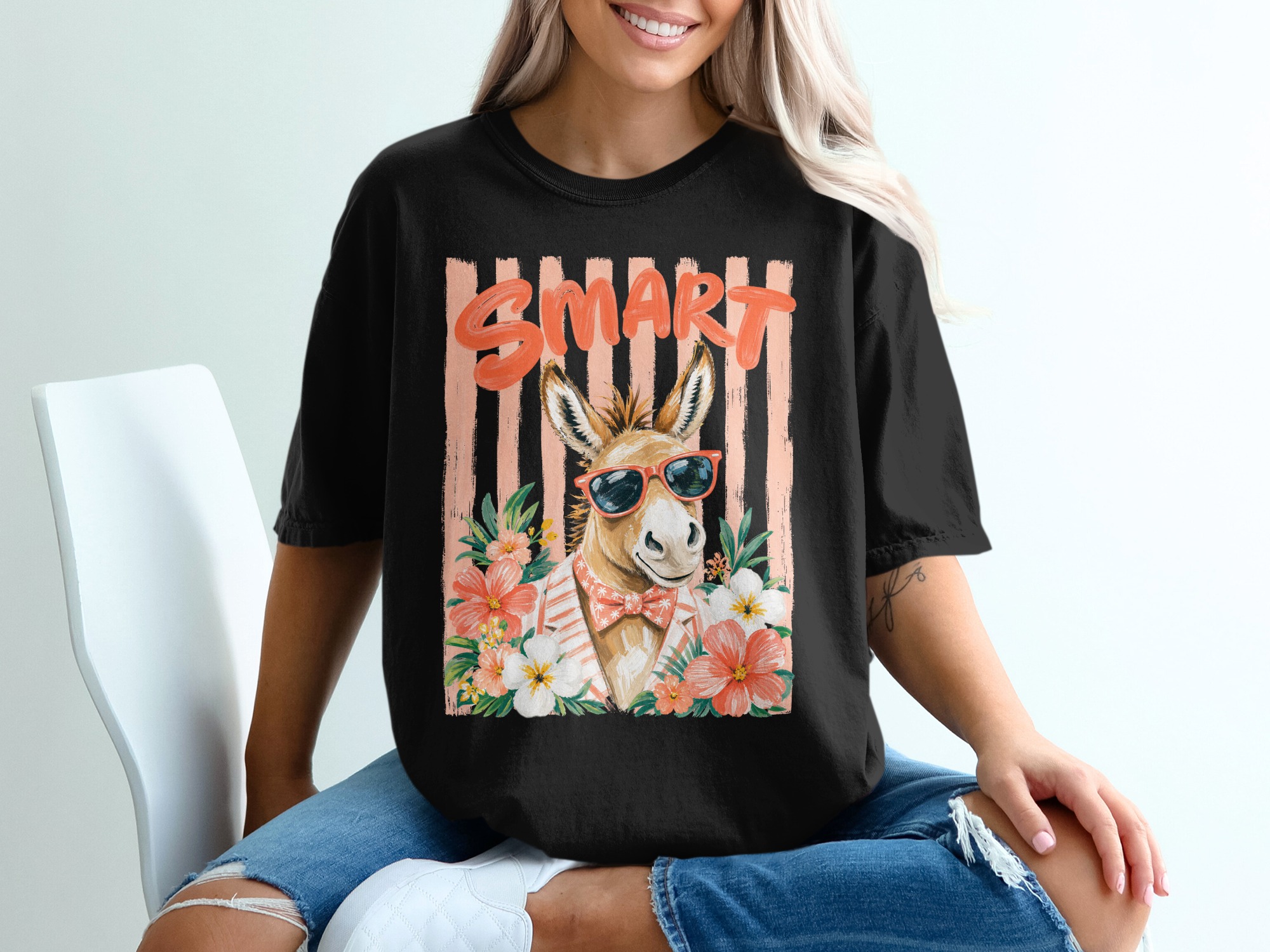 Smart Donkey T-Shirt | Funny Animal Tee with Sunglasses | Tropical Hawaiian Vibe Summer Graphic Shirt | Quirky Teacher Gift - Image 2