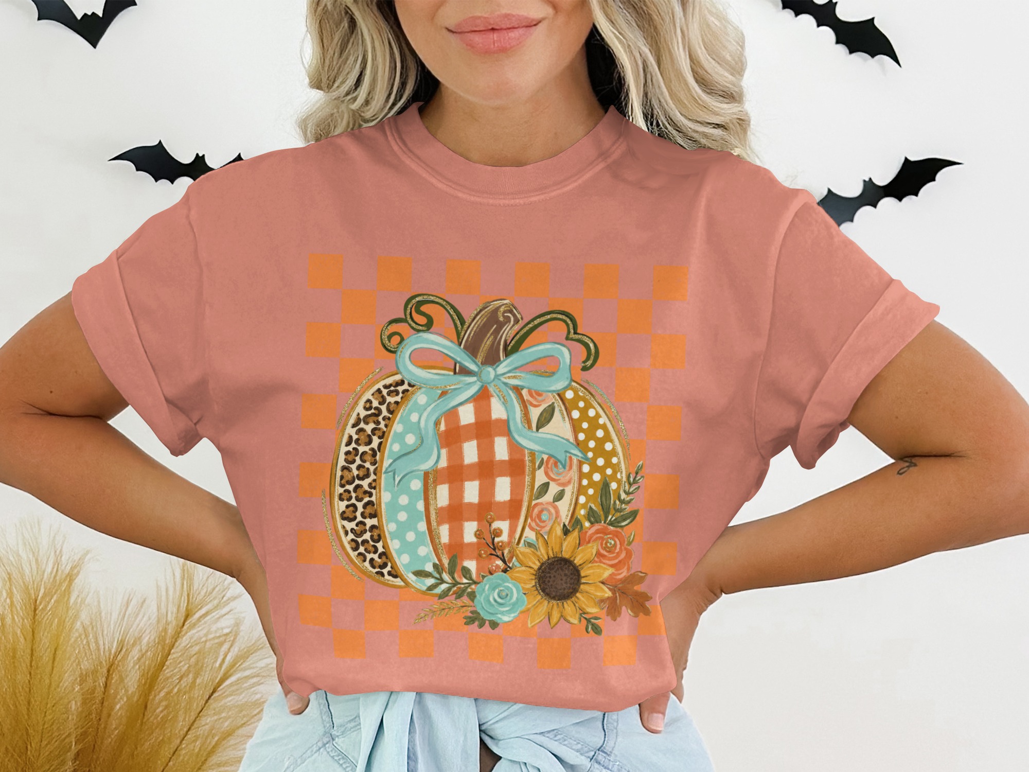 Cute Fall Pumpkin T-Shirt, Distressed Checkerboard Autumn Tee, Floral Leopard Print Pumpkin Shirt, Thanksgiving Gift - Image 3