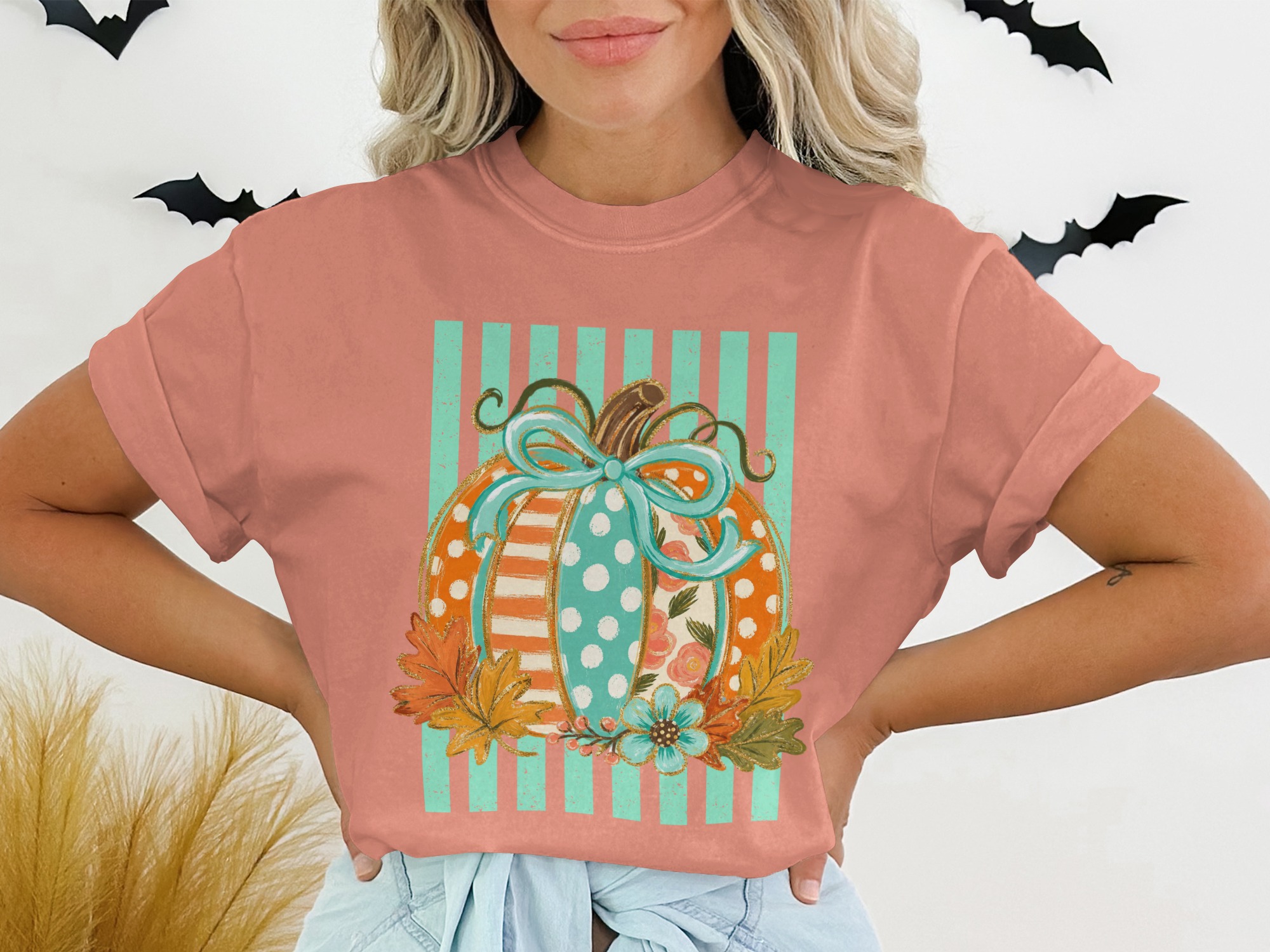 Cute Whimsical Fall Pumpkin T-Shirt, Patchwork Polka Dot Autumn Tee, Unique Thanksgiving Harvest Season Top - Image 2