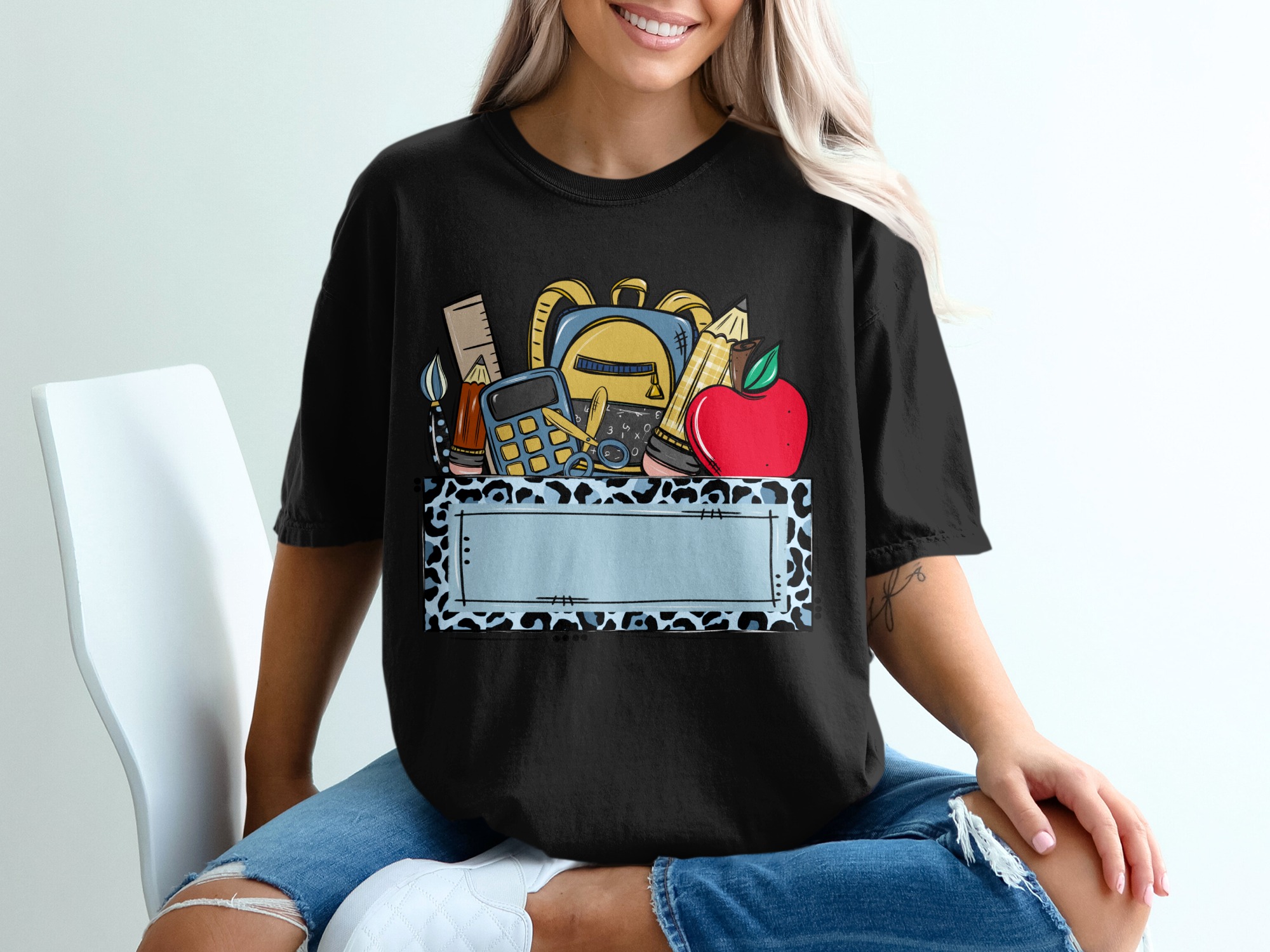 Custom Teacher T-Shirt, Personalized School Supplies Tee with Blue Leopard Print, Back to School Educator Gift, Made to Order Mascot Name - Image 8