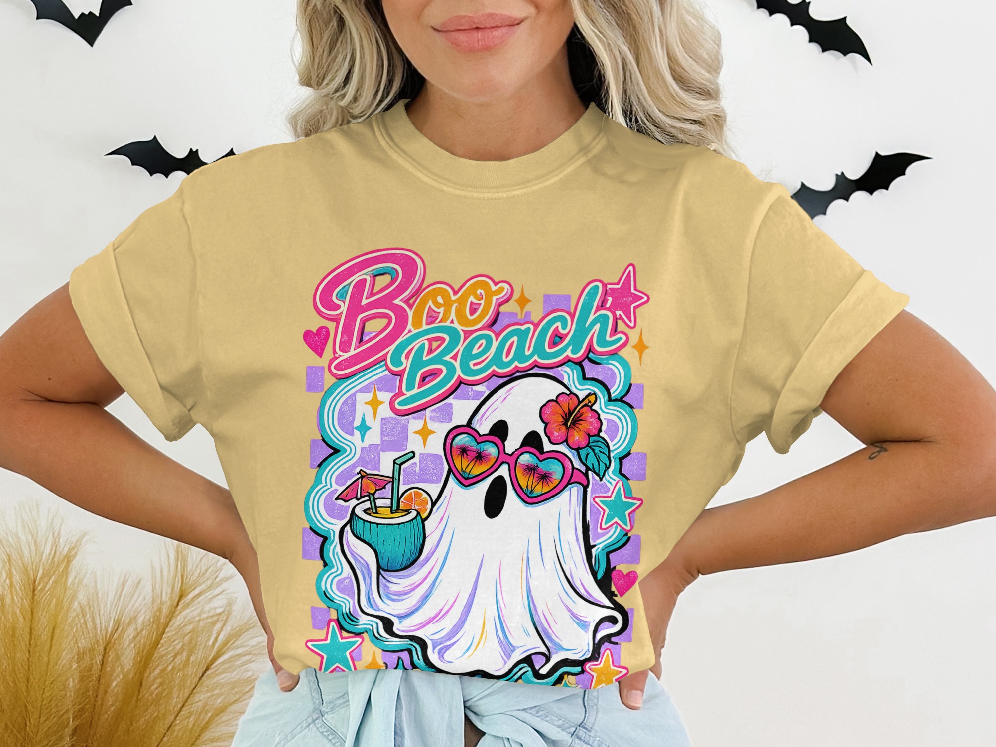 Boo Beach Ghost T-Shirt, Retro Summer Vacation Tee, Spooky Cute Beach Trip Halloween Shirt, Heart Sunglasses Coconut Drink Graphic Top - Image 7
