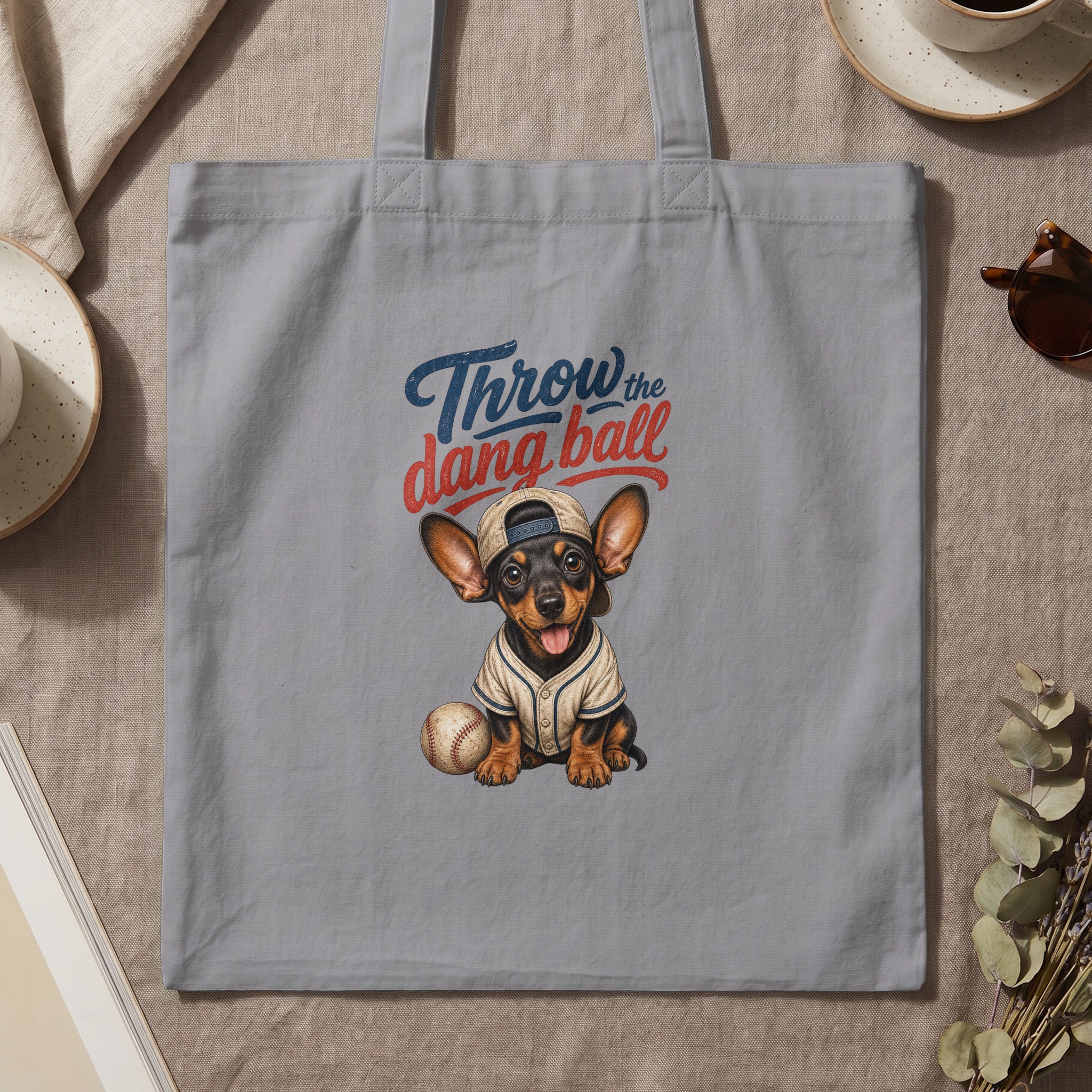 Cute Dachshund Baseball Dog Tote Bag | 'Throw The Dang Ball' Pet Lover Gift | Funny Sports Fan Canvas Book Bag - Image 3
