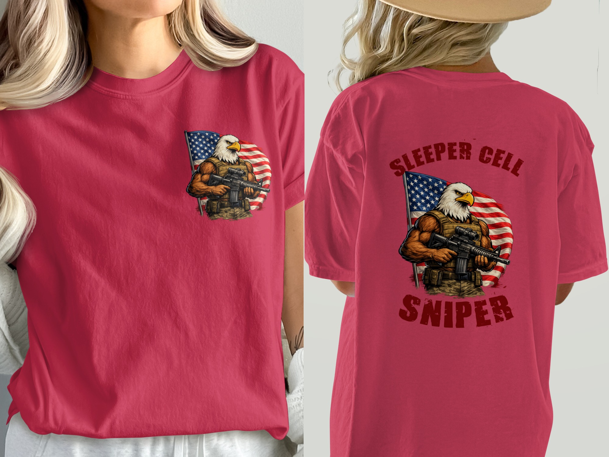 Patriotic Sleeper Cell Sniper T-Shirt, American Flag Eagle Tactical Gear Graphic Tee, Veteran Military USA Pride Gift - Image 2