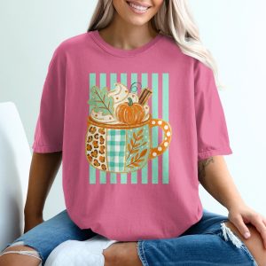 Cozy Pumpkin Spice Latte T-Shirt, Autumn Mug Fall Vibes Graphic Tee, Boho Gingham & Leopard Print Shirt, Cute Thanksgiving Gift