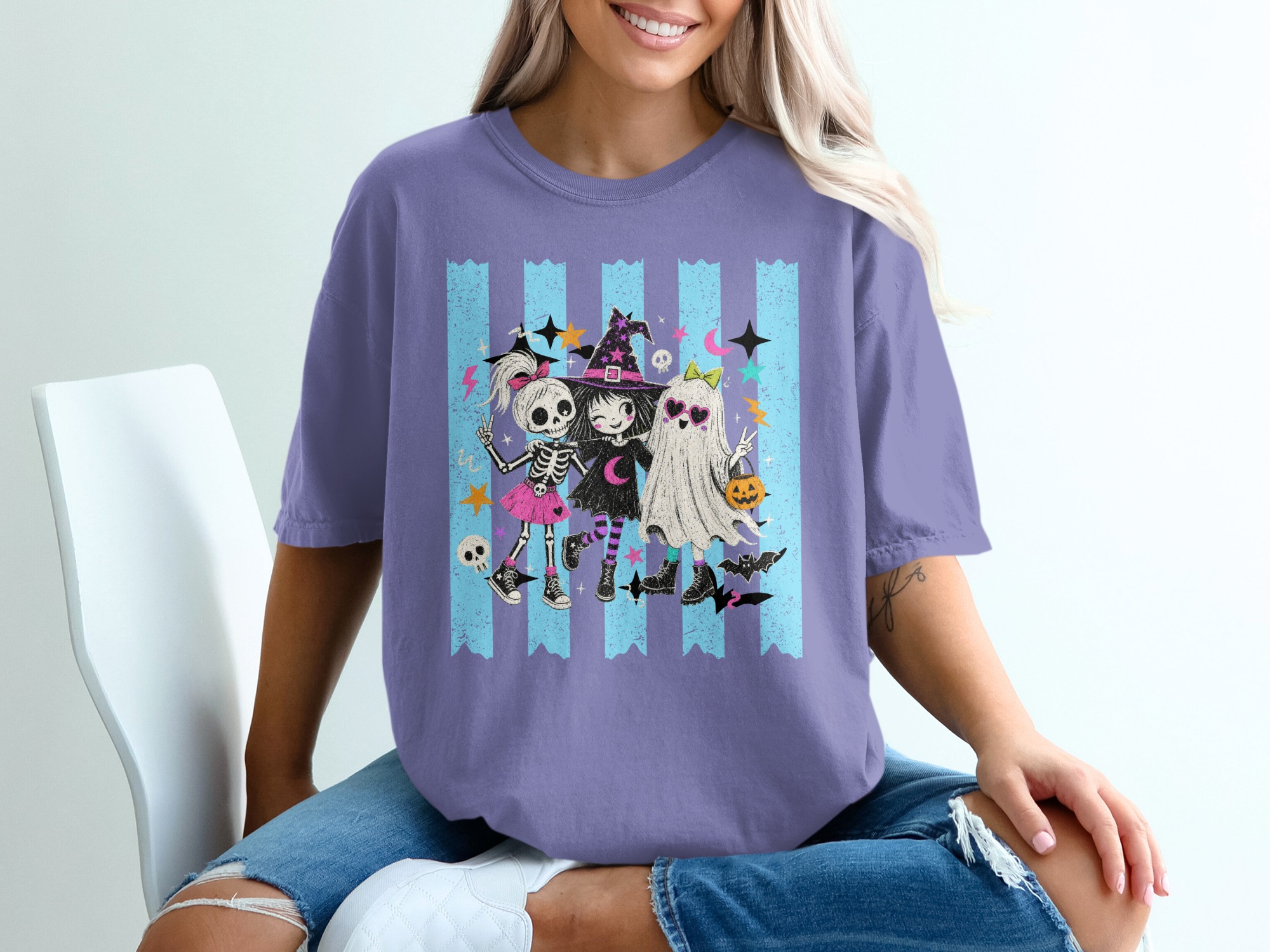 Cute Halloween Besties T-Shirt | Spooky Friends Witch Ghost Skeleton Tee | Kawaii Pastel Goth Graphic Shirt Gift - Image 3