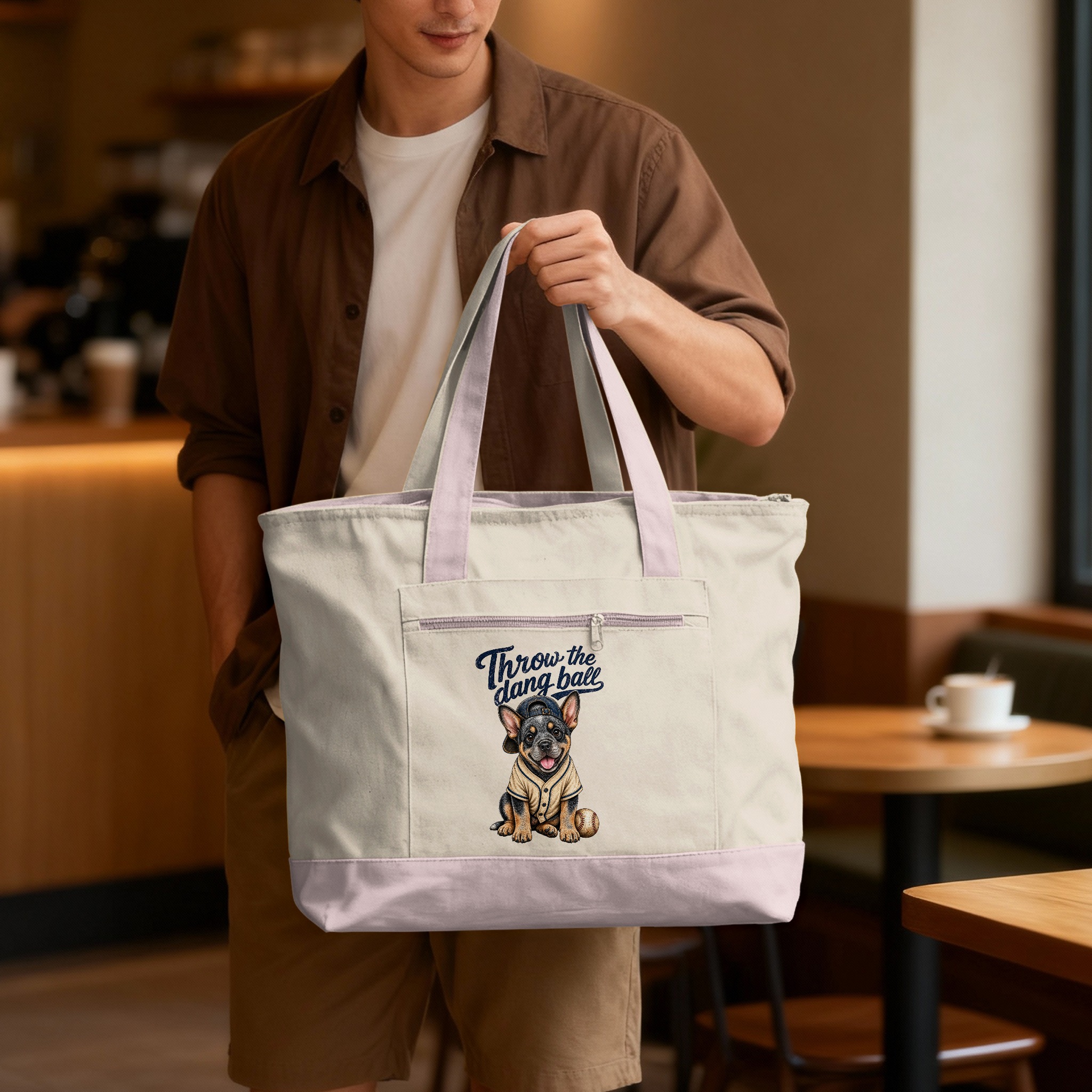 'Throw the dang ball' Baseball Puppy Tote Bag, Funny Dog Lover French Bulldog Owner Gift for Pet Moms Dads - Image 8
