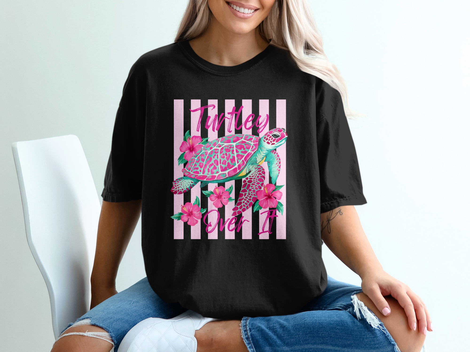 Turtley Over It T-Shirt, Funny Sea Turtle Shirt, Tropical Hibiscus Beach Vacation Tee, Humorous Ocean Lover Gift for Her, Cute Summer - Image 2