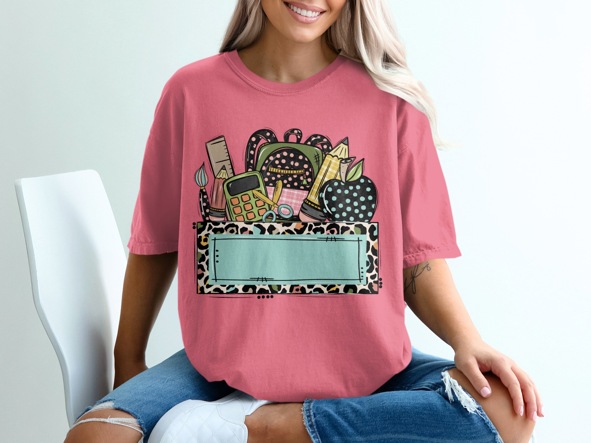 Custom Teacher School Supplies T-Shirt | Personalized Educator Gift, Back to School, Leopard Print Top - Image 16