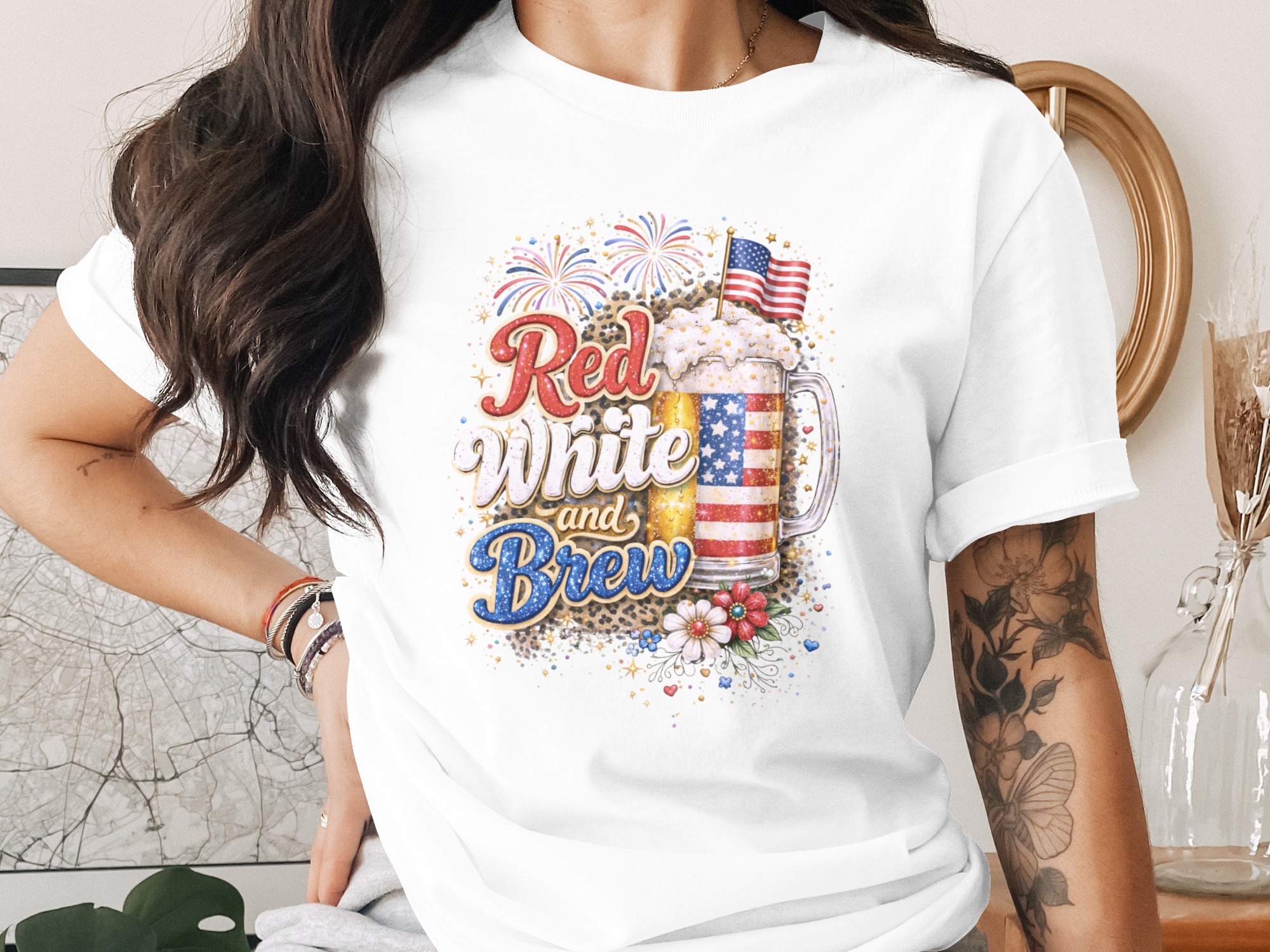Red White and Brew T-Shirt, Comfort Colors ® USA Flag Beer Tee, Patriotic Leopard Print, Fourth of July Party Top, Summer Celebration Gift