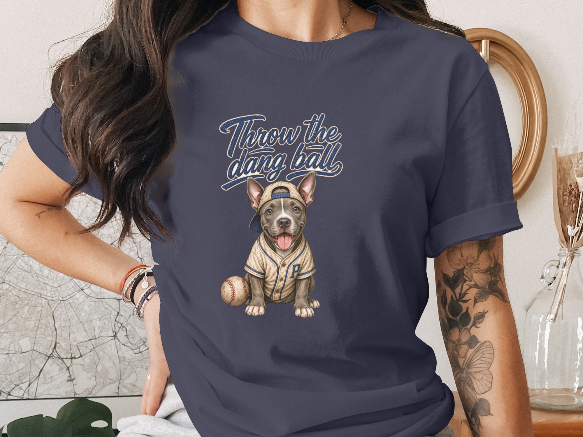 Baseball Dog Fan T-Shirt, Pitbull Puppy in Baseball Uniform, 'Throw The Dang Ball' Tee, Game Day Top - Image 2