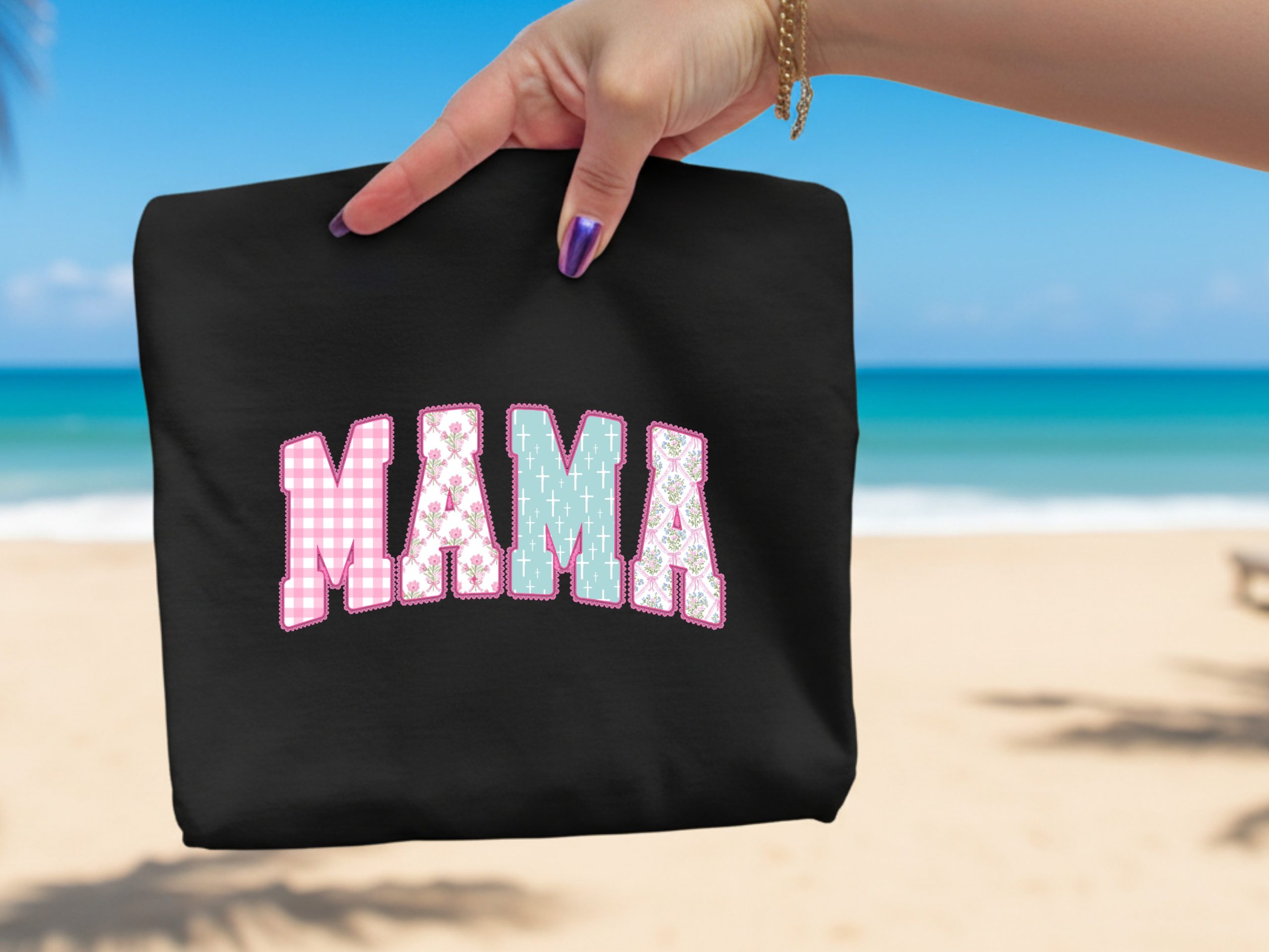 Mama T-Shirt, Comfort Colors ® Pastel Floral Gingham Cross Design, New Mom Gift, Shabby Chic Mother's Day Tee, Christian Mom Shirt - Image 2