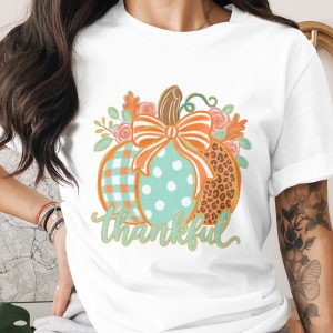 Comfort Colors ® Thankful Pumpkin T-Shirt, Cute Fall Thanksgiving Shirt for Her, Gingham Polka Dot Leopard Print Autumn Tee, Harvest Season