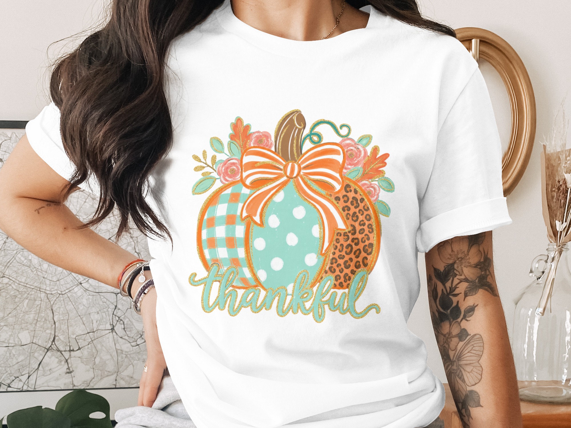 Comfort Colors ® Thankful Pumpkin T-Shirt, Cute Fall Thanksgiving Shirt for Her, Gingham Polka Dot Leopard Print Autumn Tee, Harvest Season